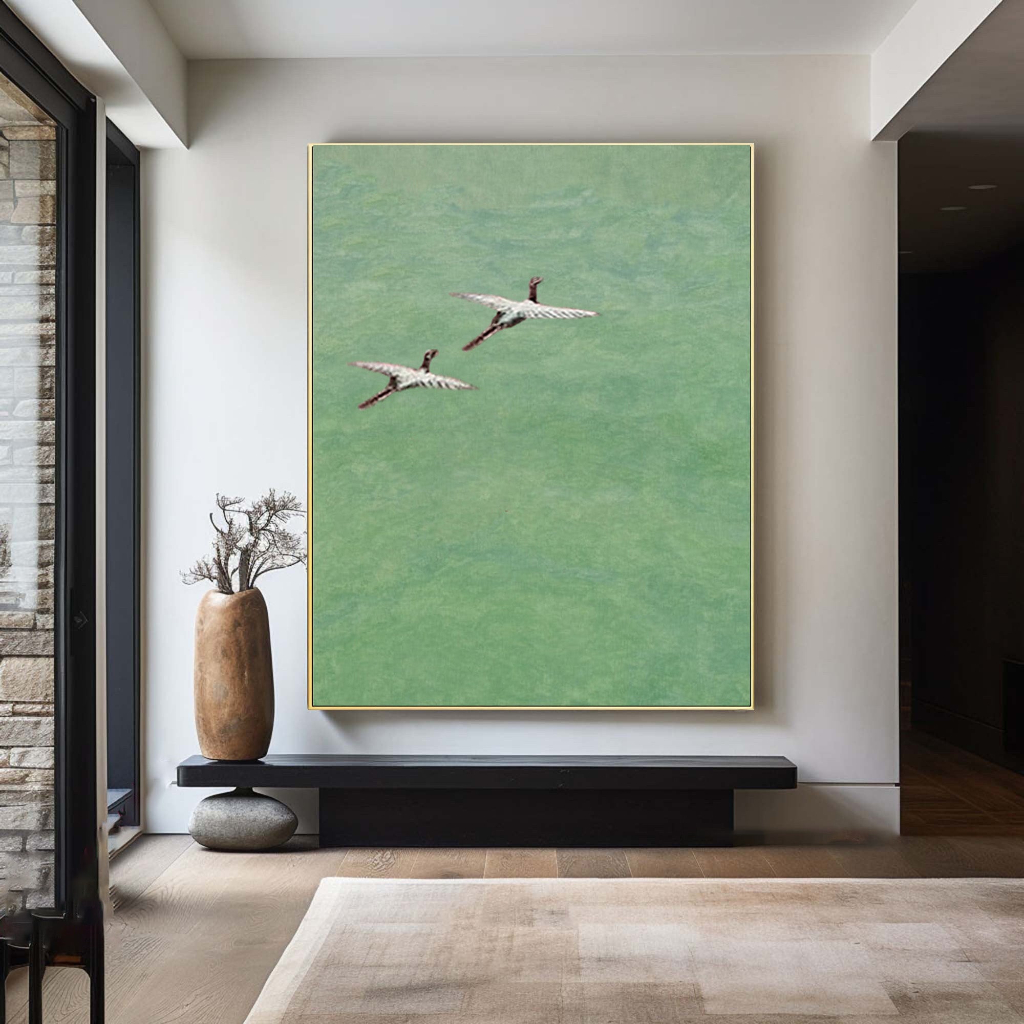 Minimalist Crane Bird Art | Light Green Serene Painting #AG 085