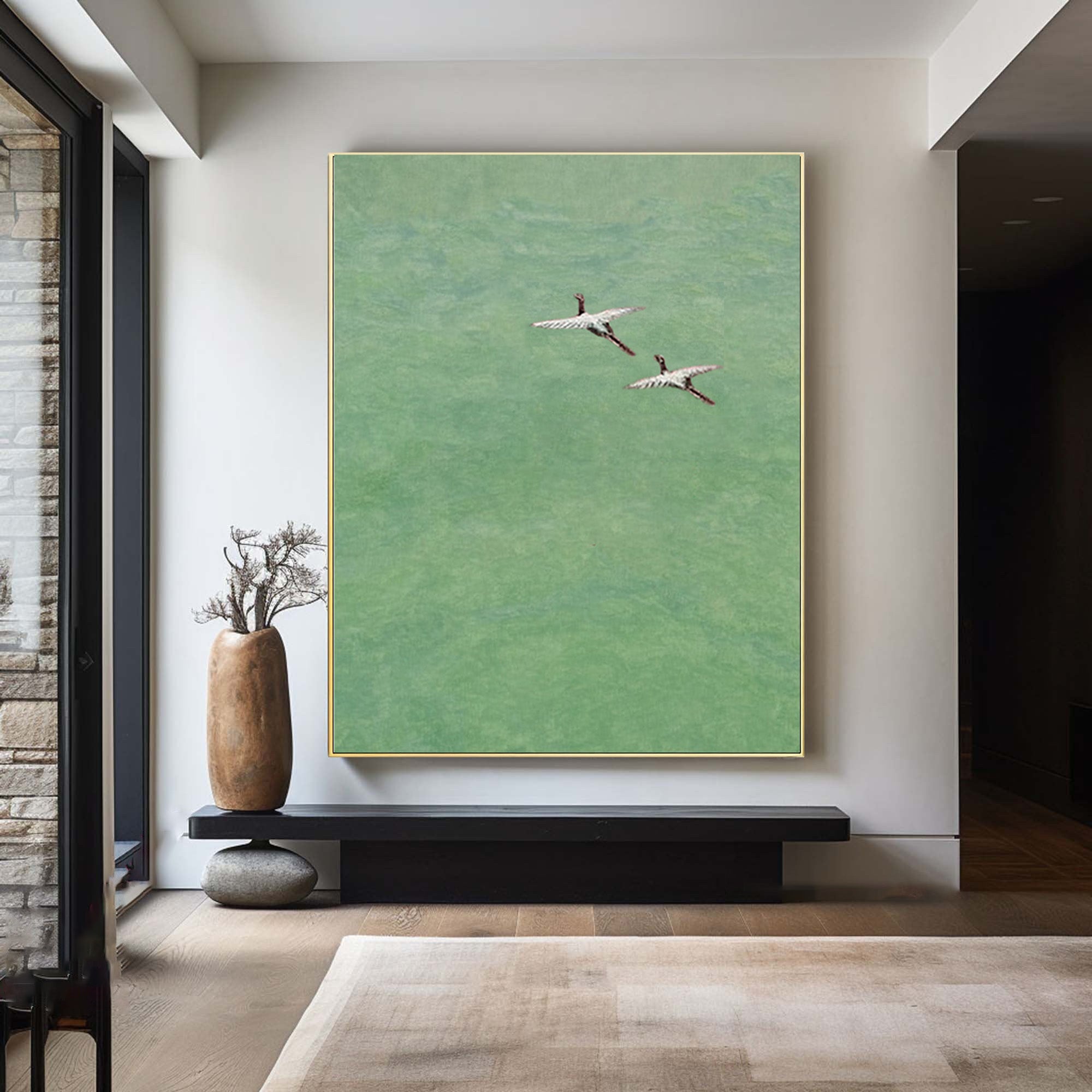 Serene Bird Painting on Green | Minimalist Nature Art #AG 086