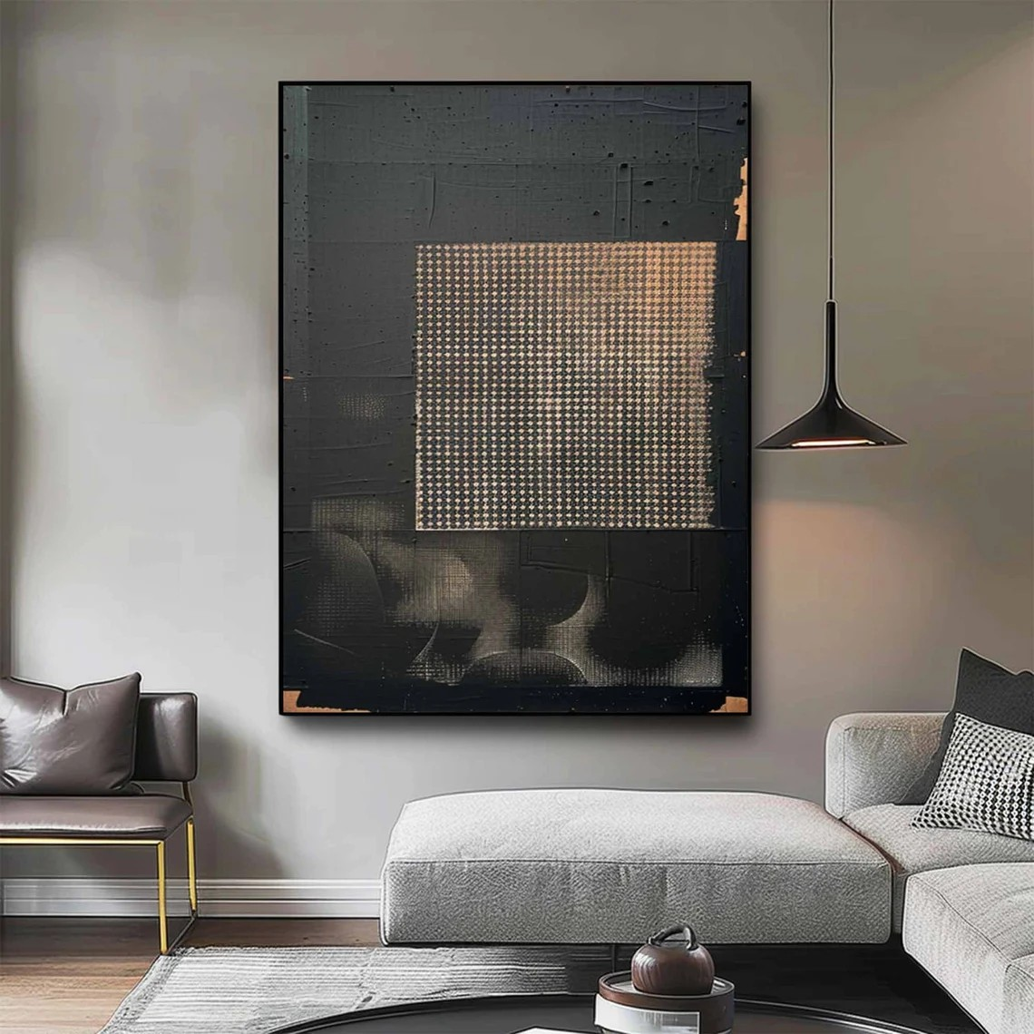 Dark Textured Abstraction, Geometric Grid Focus, Modern Canvas #MM419