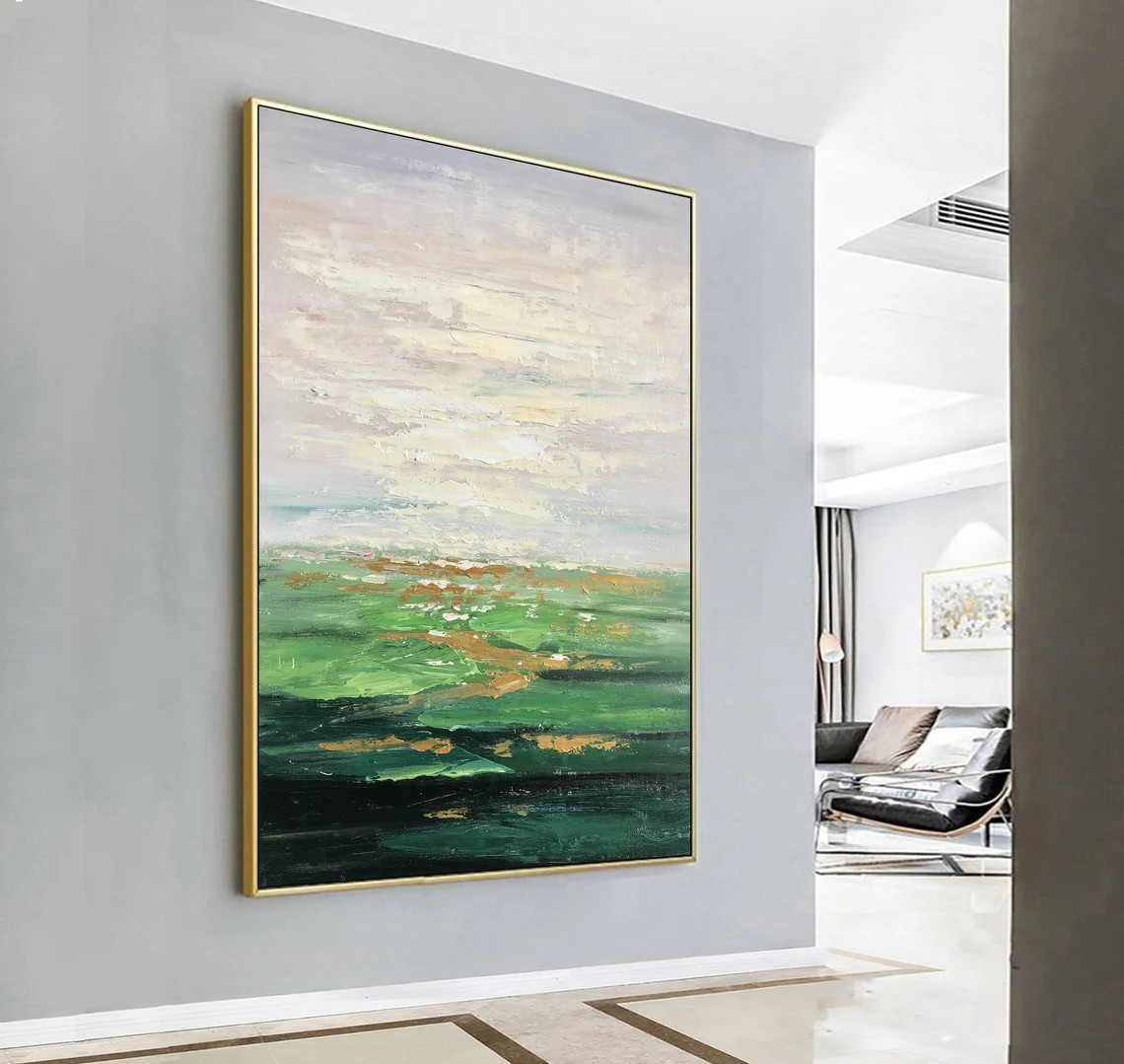 Abstract Green Landscape Oil Painting, Modern Nature Art #MM383