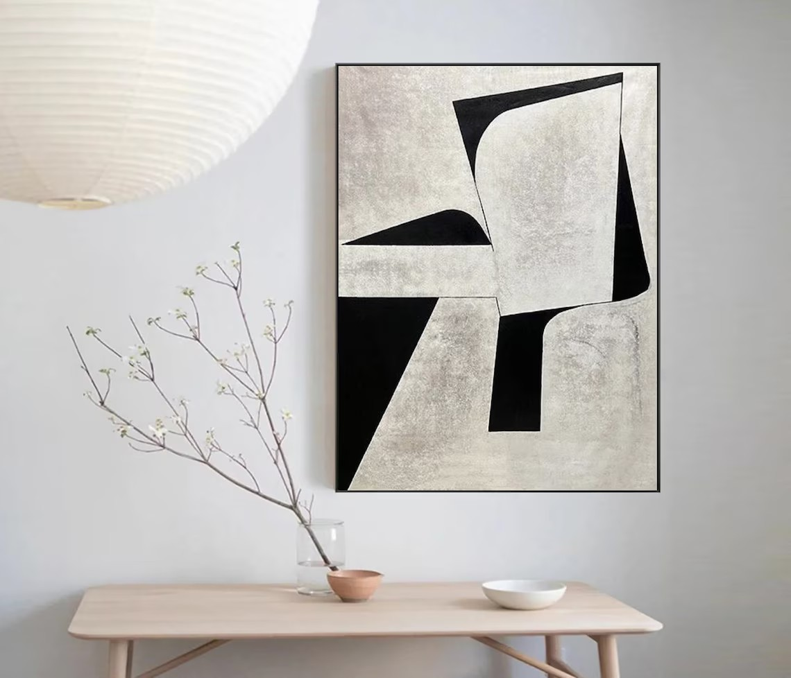 Textured Black and White Painting, Bold Modern Geometric Canvas #MM443