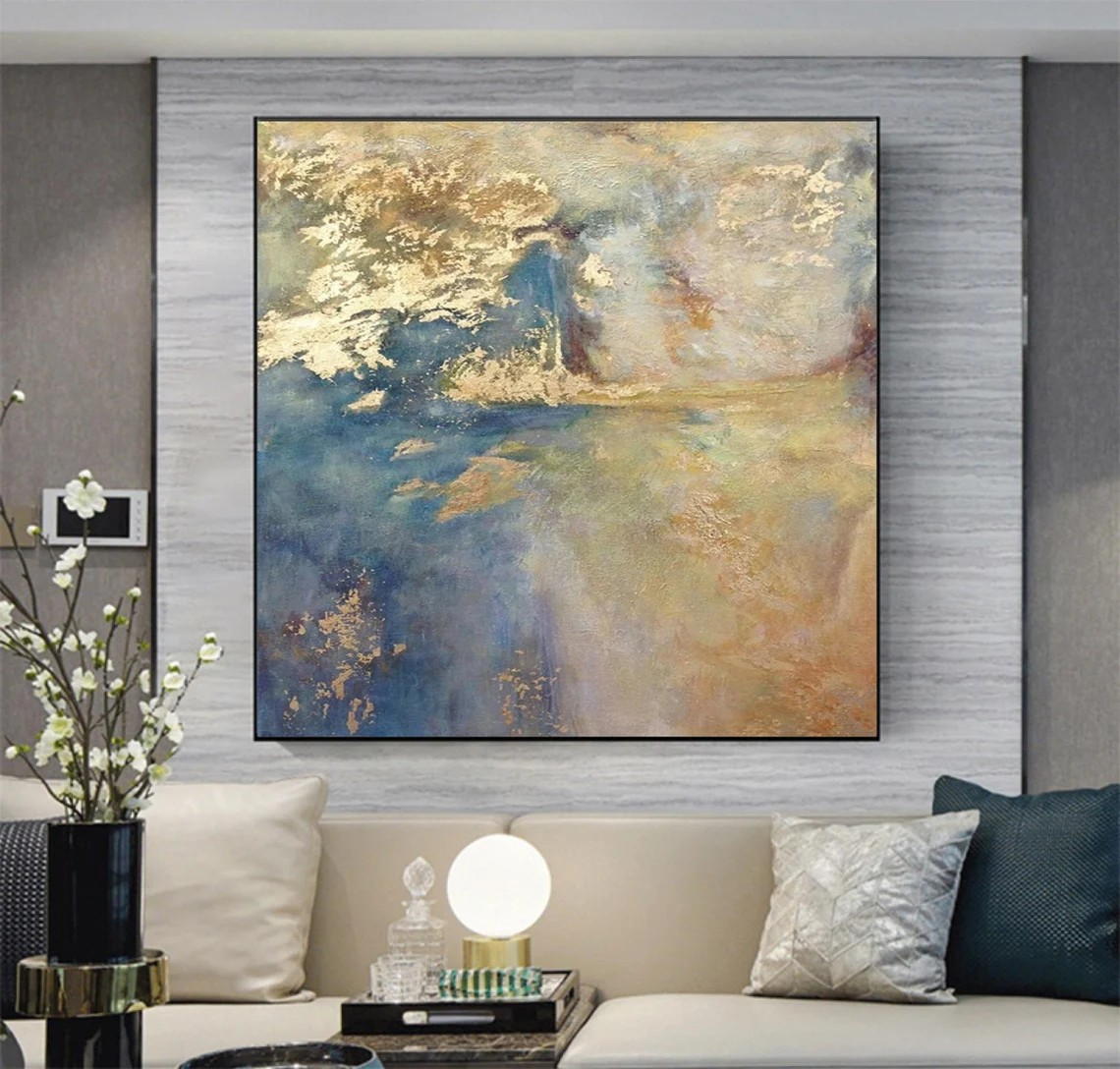 Dynamic and Serene Abstract Textured Painting with Gold & Blue #MM244