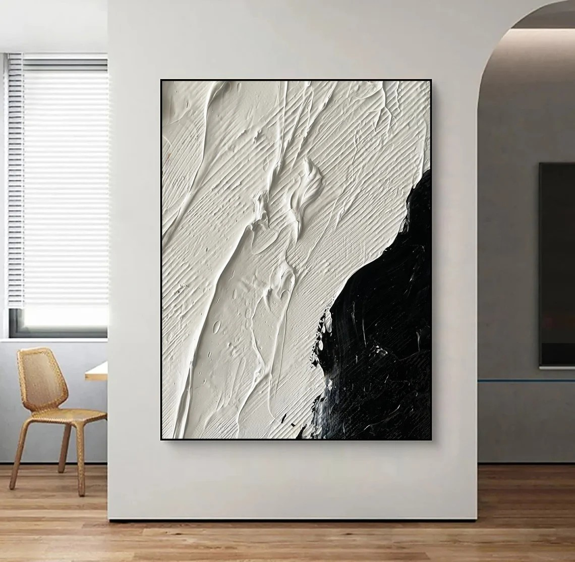 Minimalist Black and White Textured Abstract Oil Painting, Modern Wall