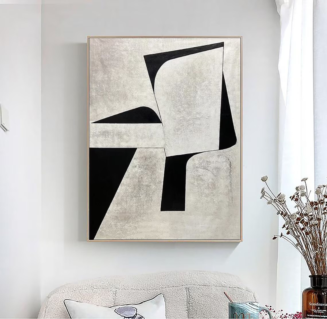 Textured Black and White Painting, Bold Modern Geometric Canvas #MM443