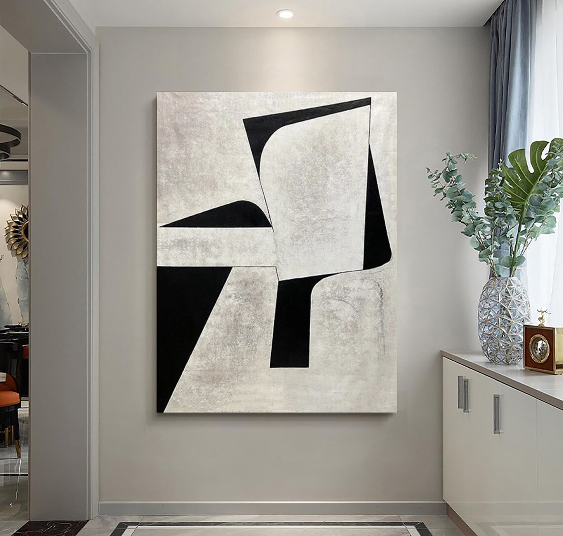 Textured Black and White Painting, Bold Modern Geometric Canvas #MM443