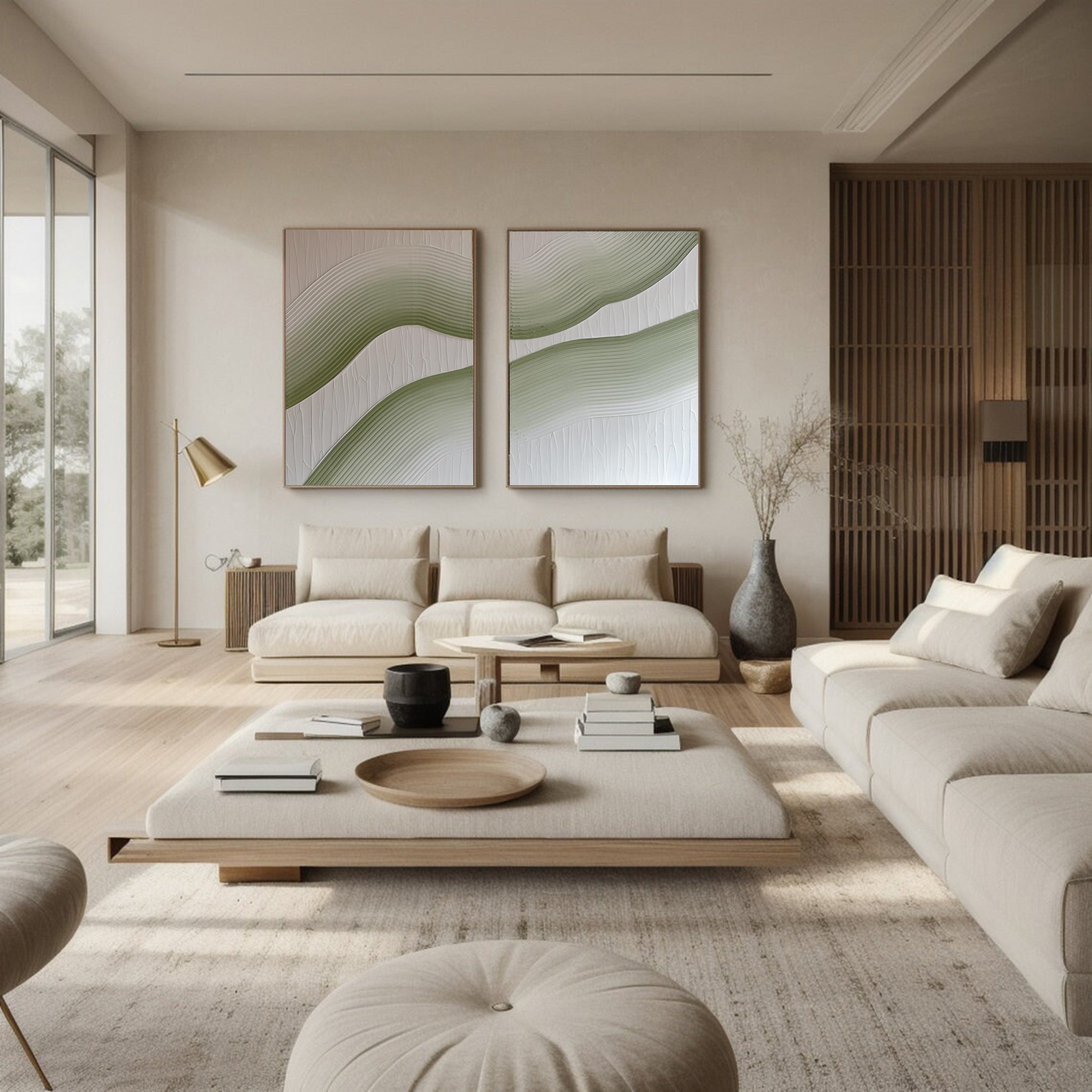 لوحة فنية قماشية باللونين الأخضر والأبيض بتصميمات داخلية عصرية #MMS032