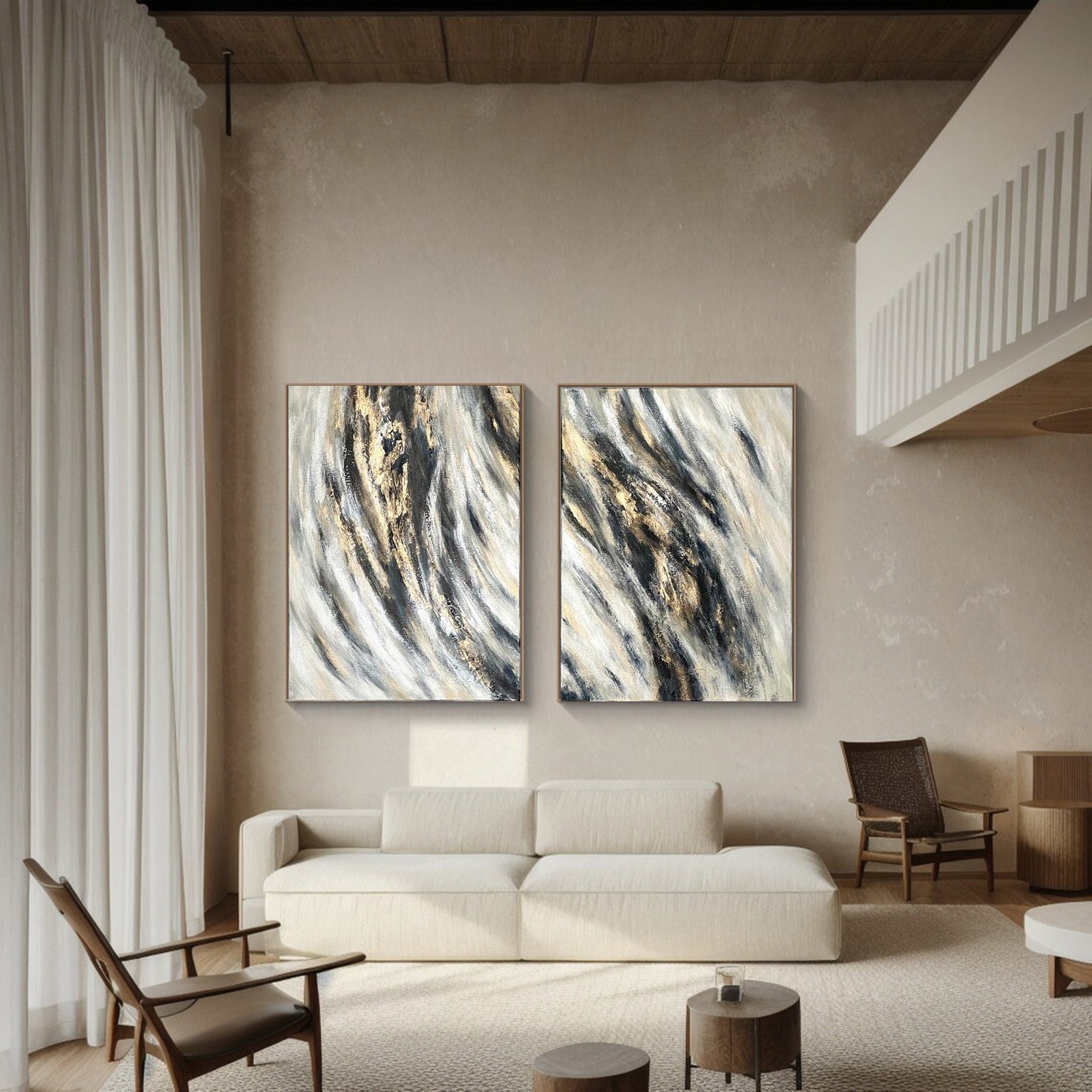 مجموعة فنية جدارية حديثة باللونين الأسود والرمادي، طقم من قطعتين #ABS002