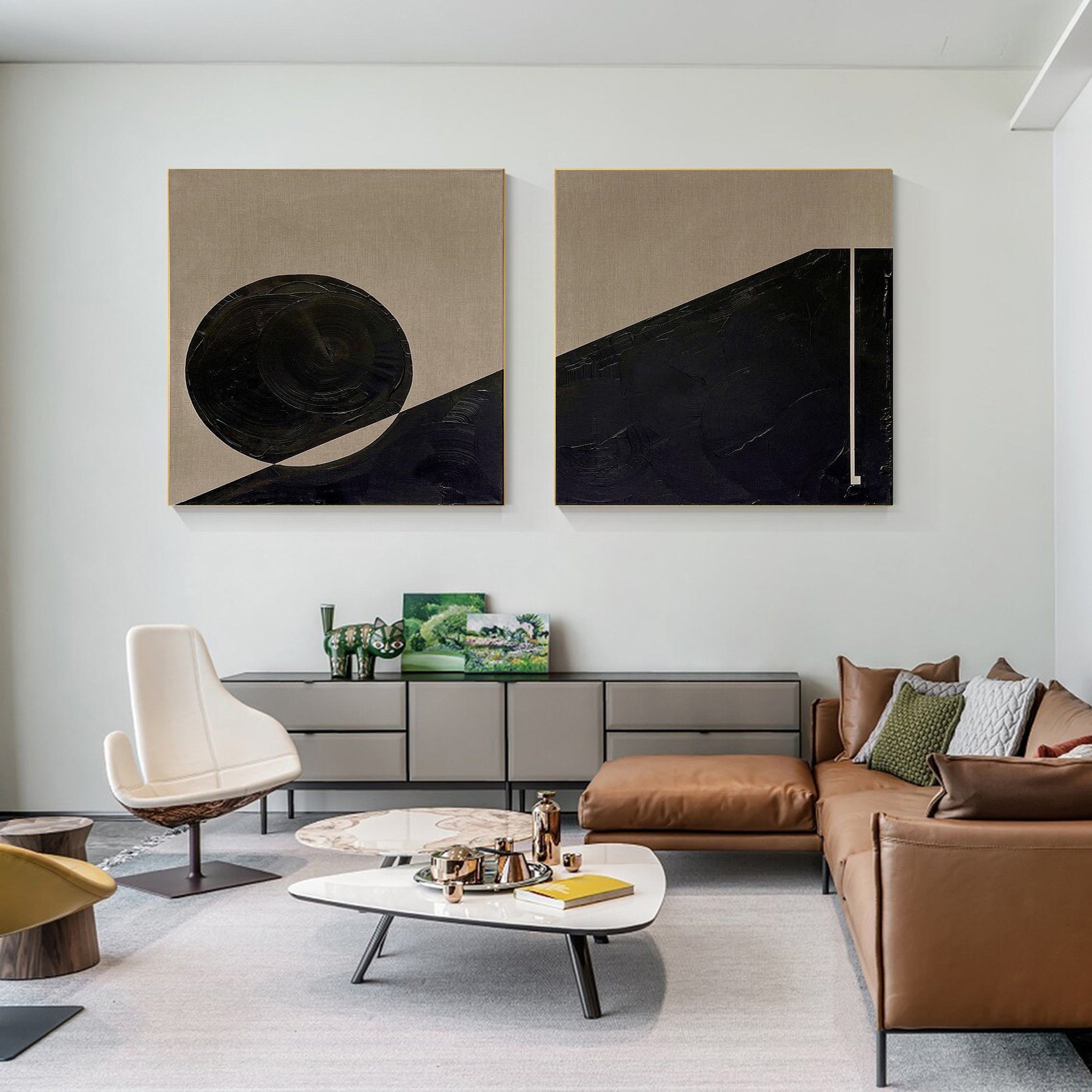 لوحة فنية تجريدية هندسية أنيقة باللونين الأسود والبيج للمنزل #MMS020