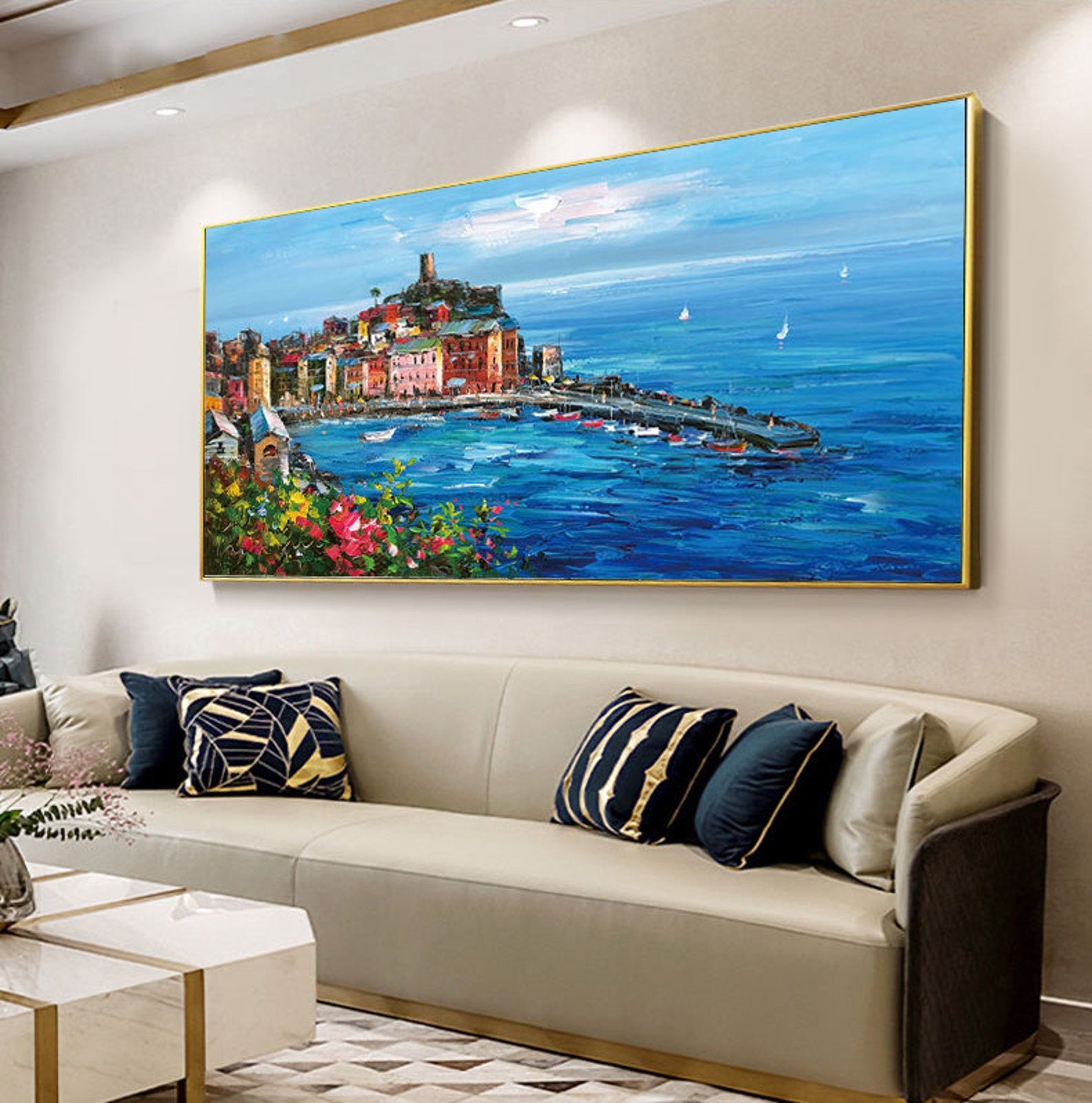 Large Coastal Village Landscape Oil Painting on Canvas #AB064