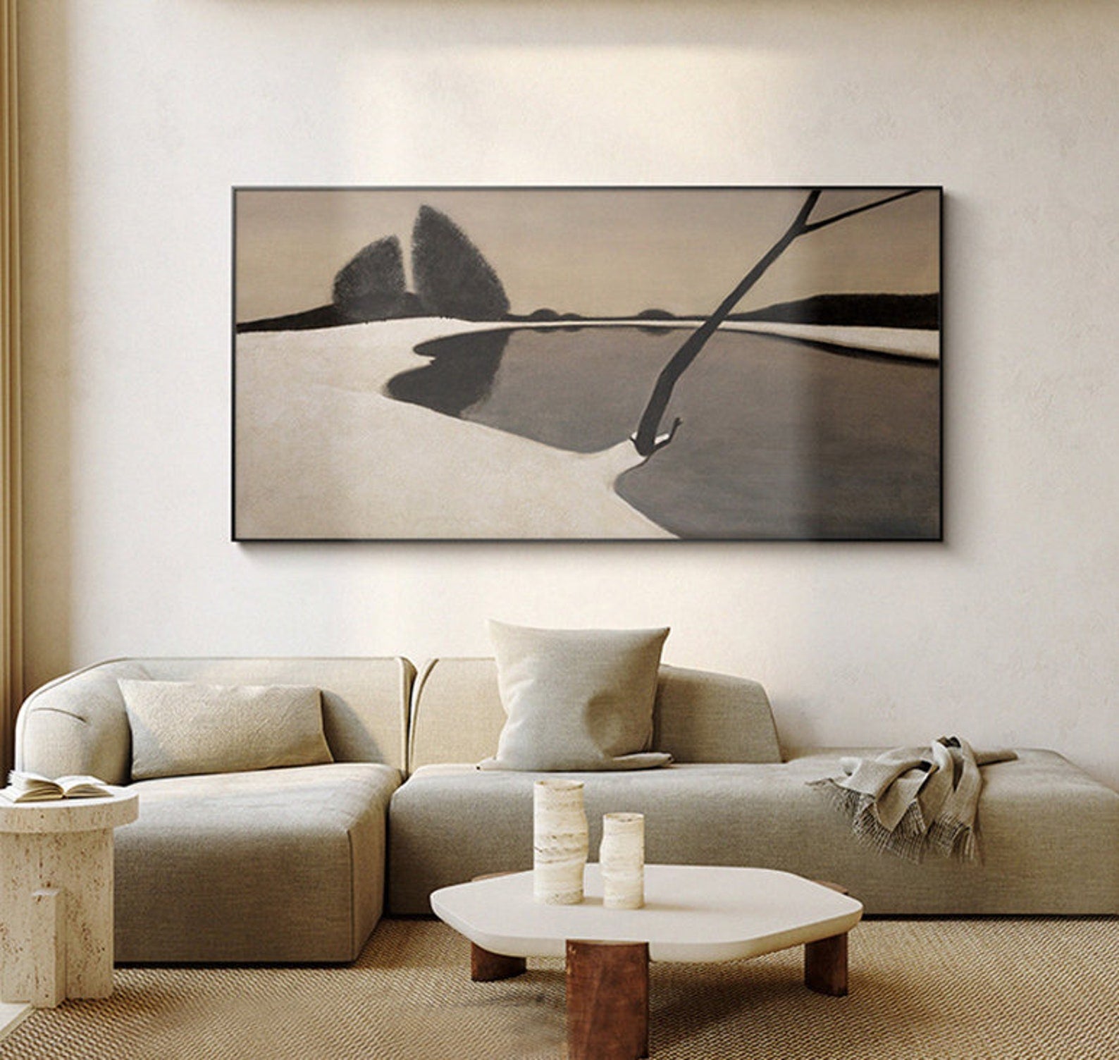 Silent Shore: Beige & Black Abstract Landscape, Minimalist Art #MM446
