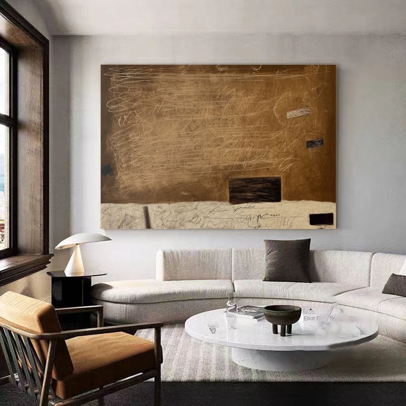 لوحة فنية جدارية تجريدية كبيرة الحجم ذات علامات بنية اللون #MM296