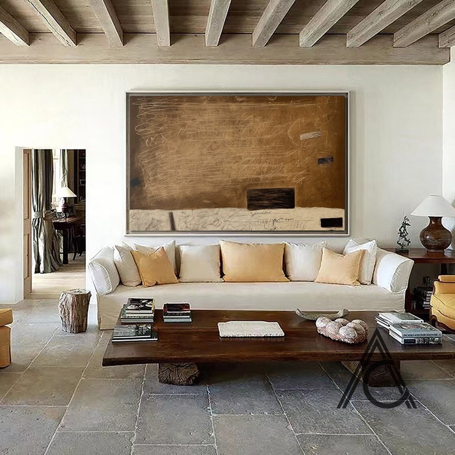 لوحة فنية جدارية تجريدية كبيرة الحجم ذات علامات بنية اللون #MM296