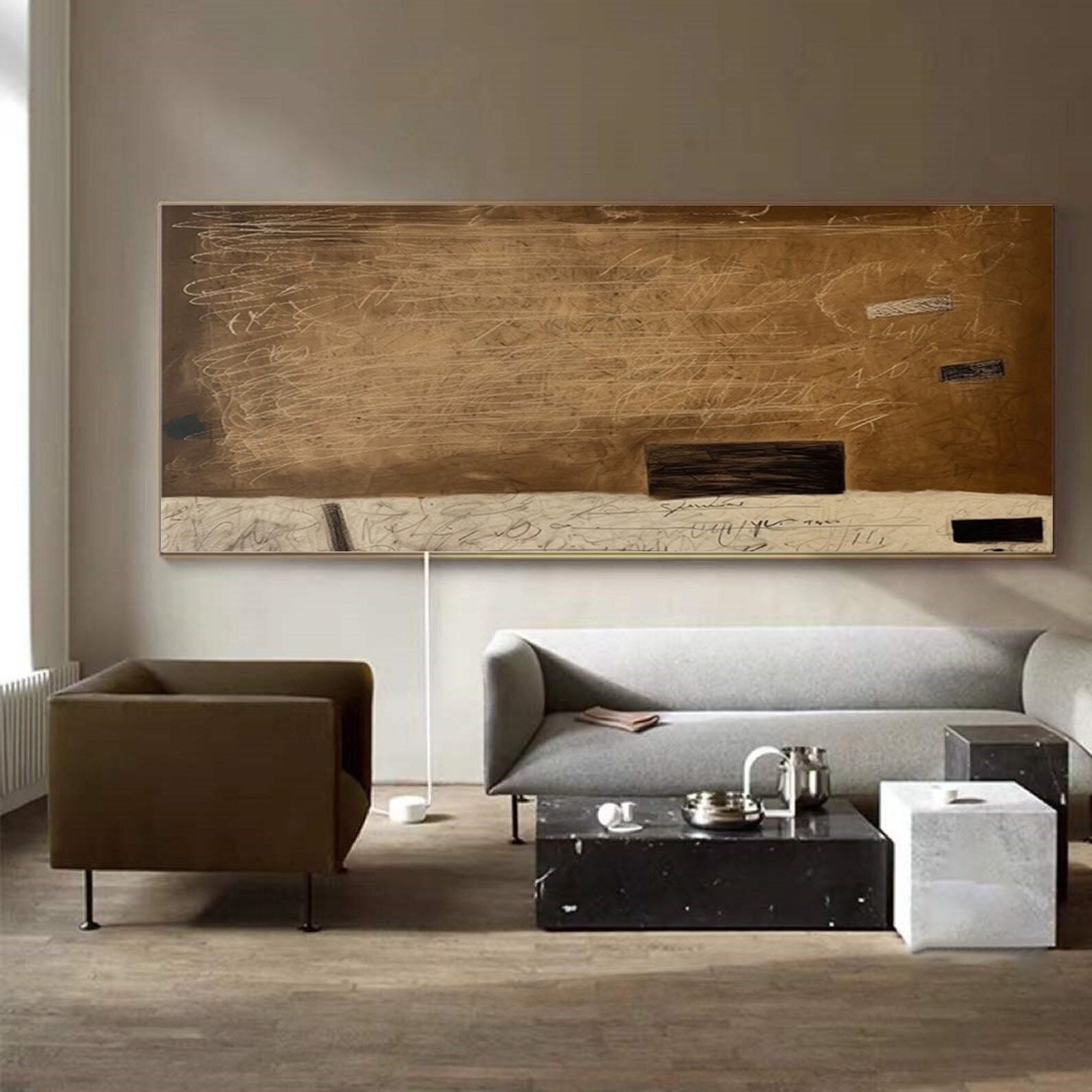 لوحة فنية جدارية تجريدية كبيرة الحجم ذات علامات بنية اللون #MM296