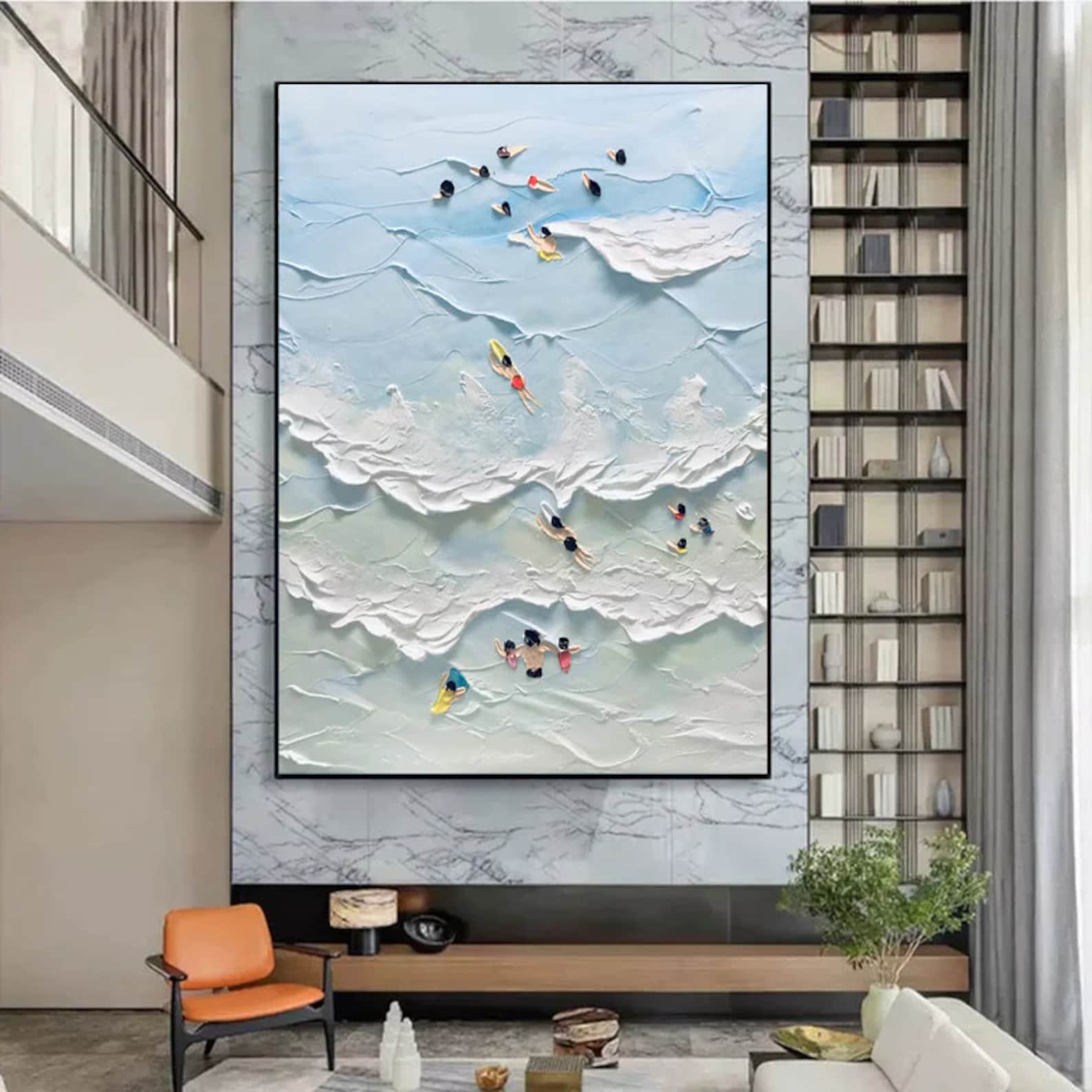 Coastal Play: 3D Textured Beach Scene, Aerial Swimmers Wall Art #MM485