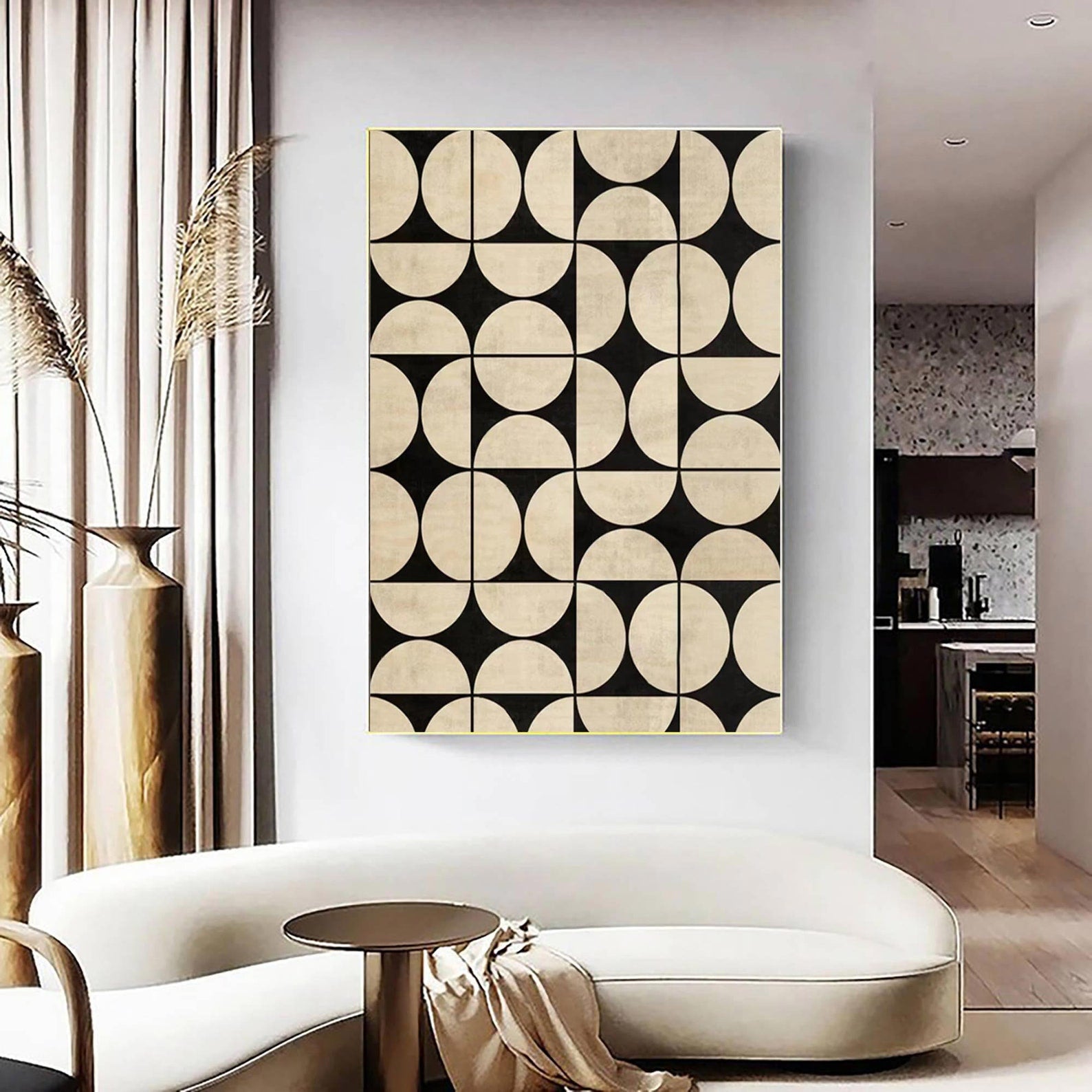 Architectural Echoes: Bold Geometric Art, Beige & Black Pattern Art #MM459