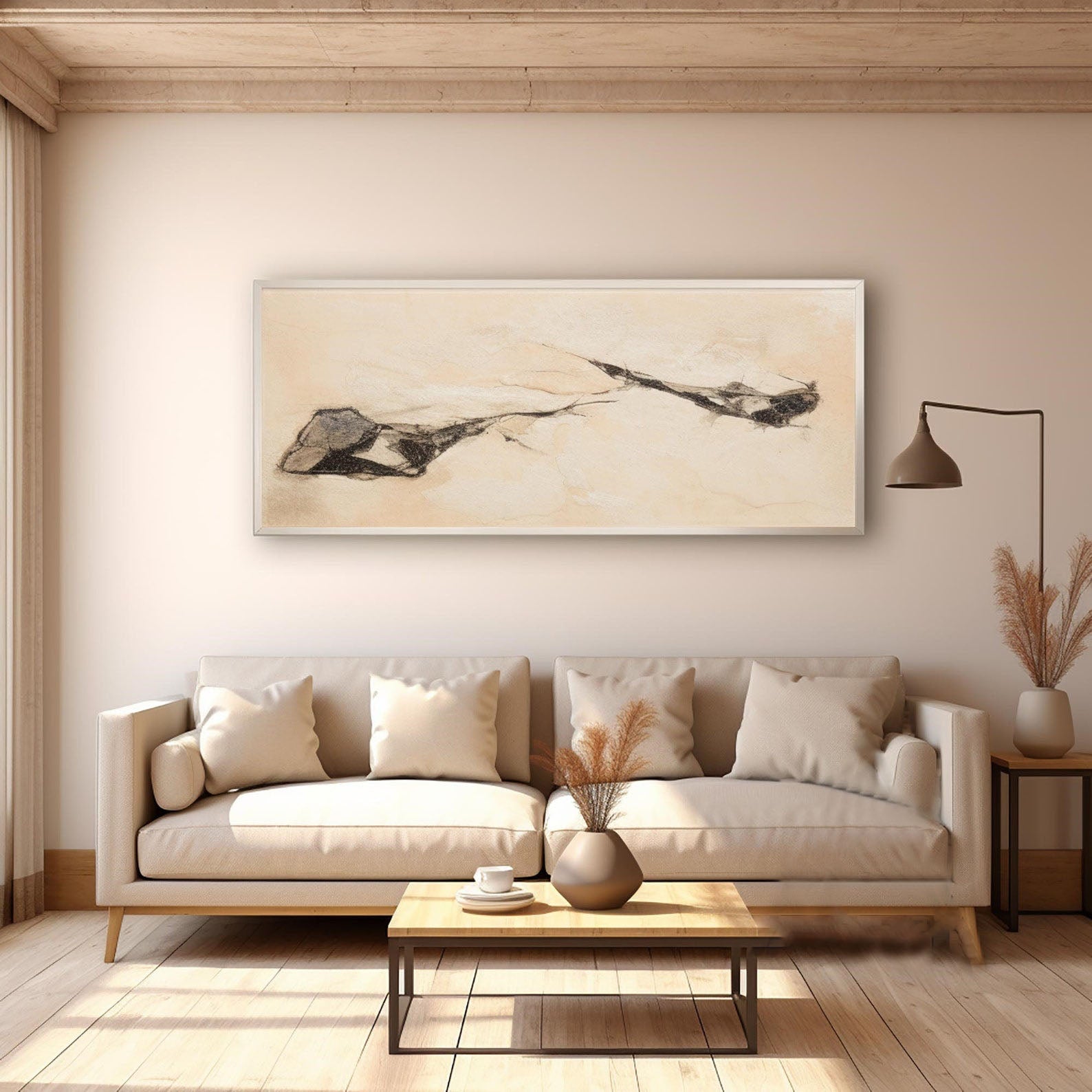 لوحة فنية جدارية تجريدية كبيرة الحجم باللون البيج بتصميم خطوط متدفقة على طراز بوهو #MM295