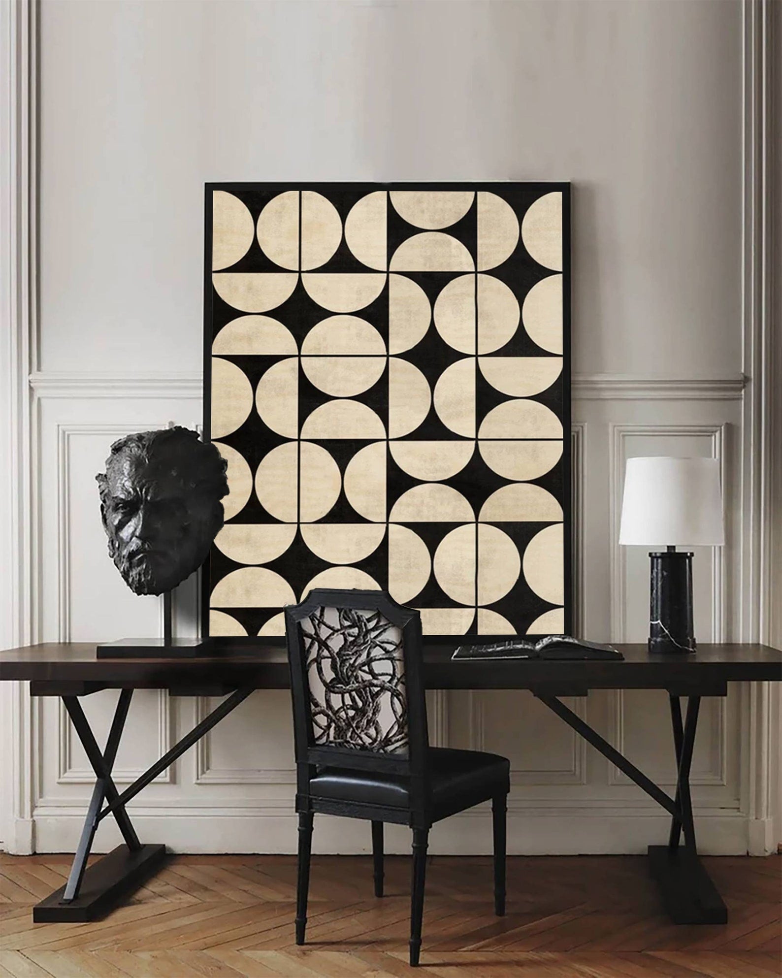 Architectural Echoes: Bold Geometric Art, Beige & Black Pattern Art #MM459