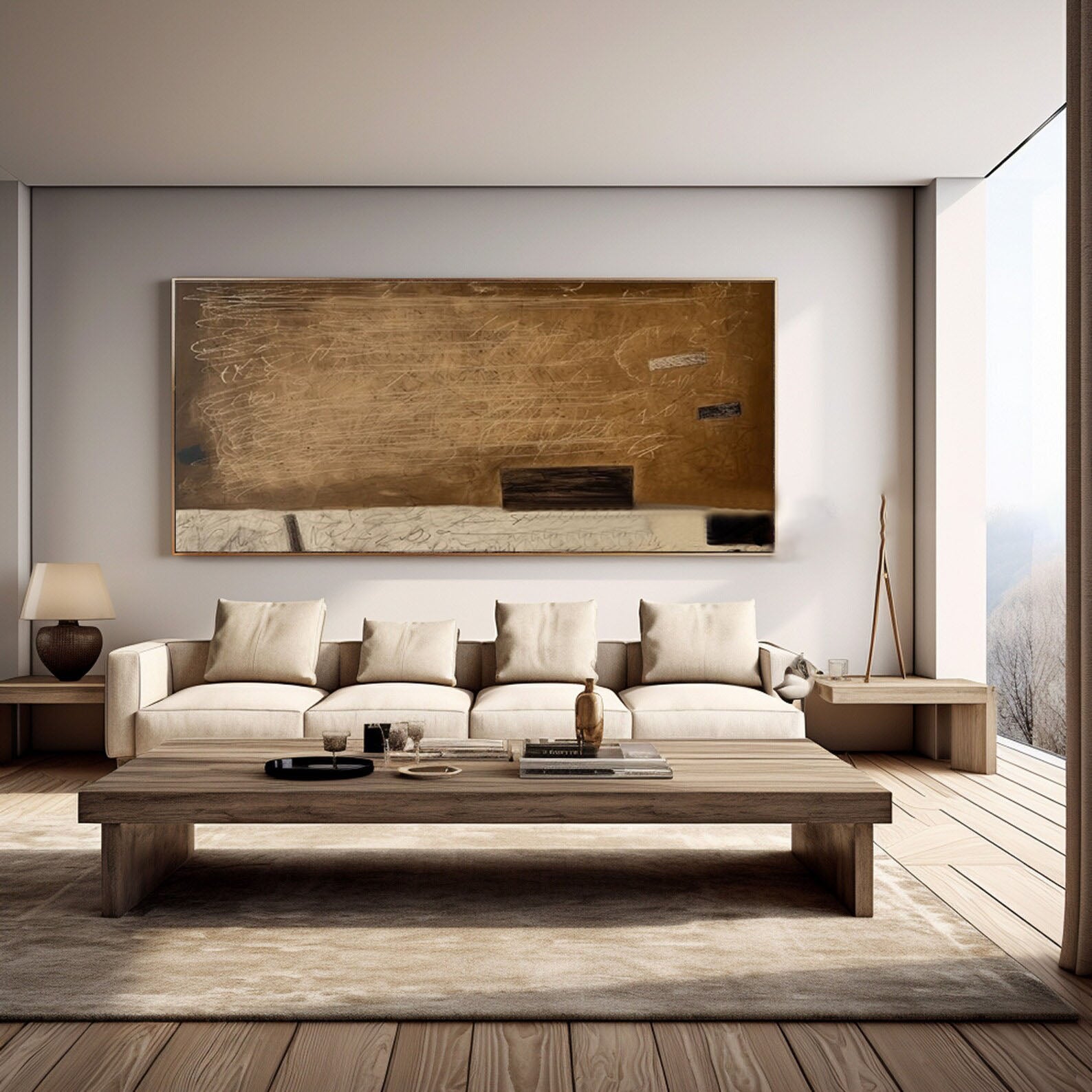 لوحة فنية جدارية تجريدية كبيرة الحجم ذات علامات بنية اللون #MM296