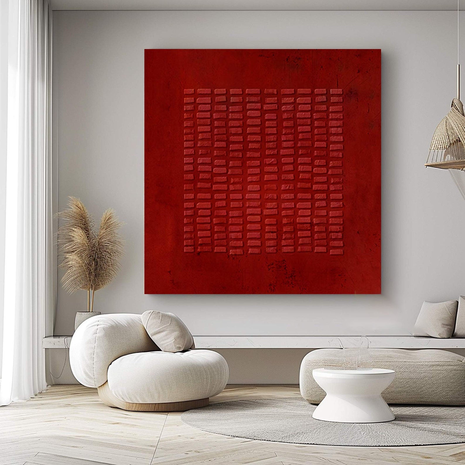 Crimson Grid: Red Textured Abstract, Bold Contemporary Art #MM482