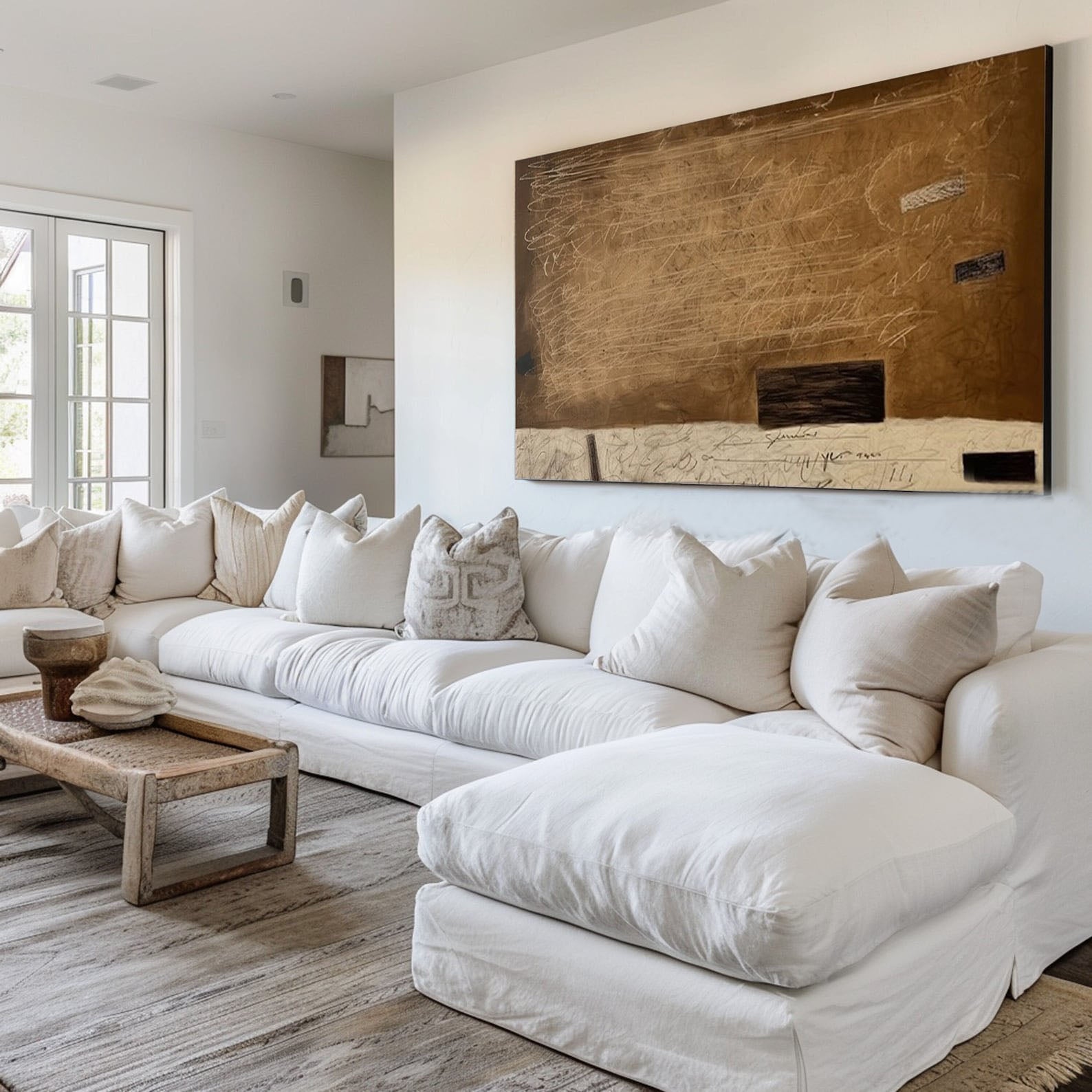 لوحة فنية جدارية تجريدية كبيرة الحجم ذات علامات بنية اللون #MM296