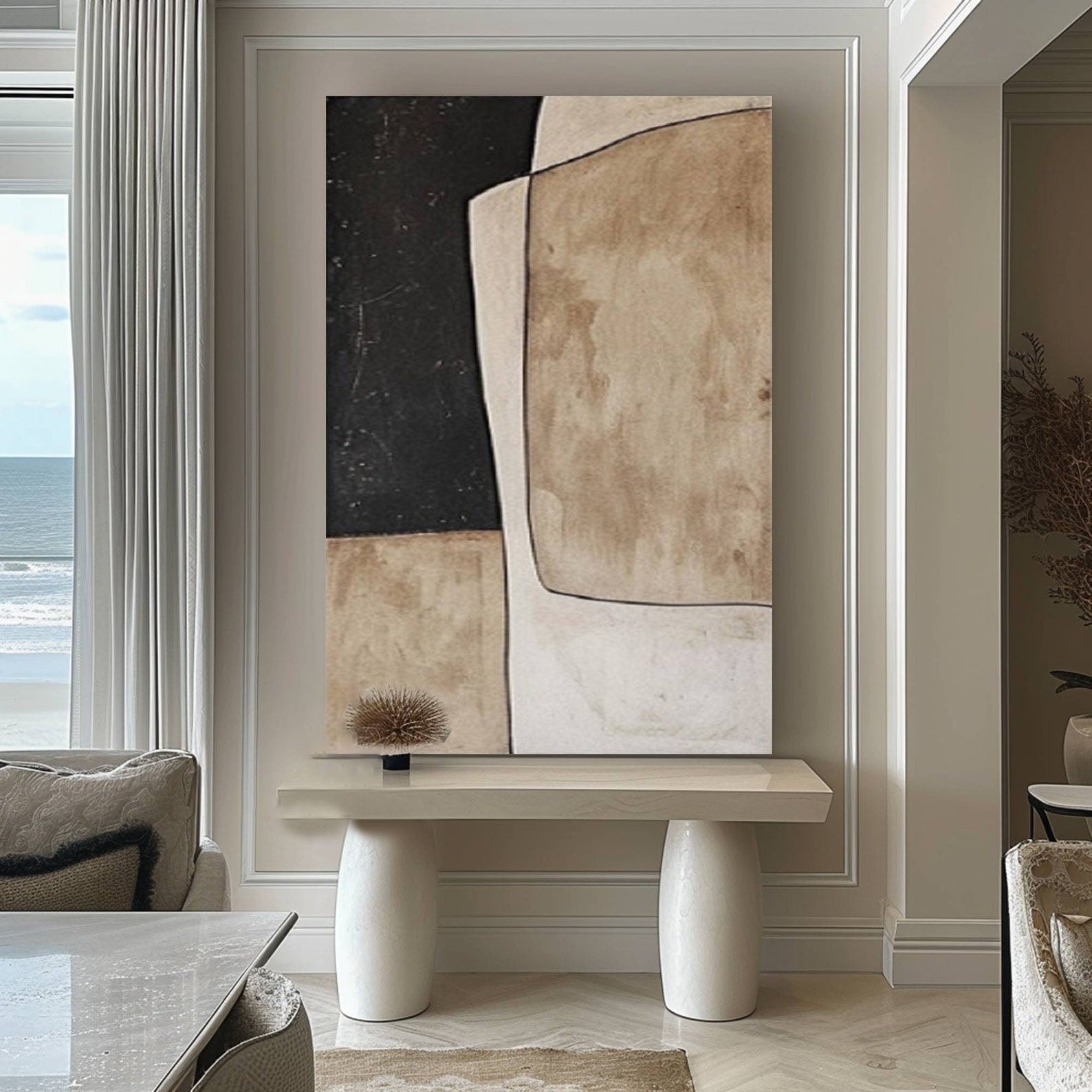 Large Minimalist Abstract Art, Beige and Black Wabi-sabi Wall Art