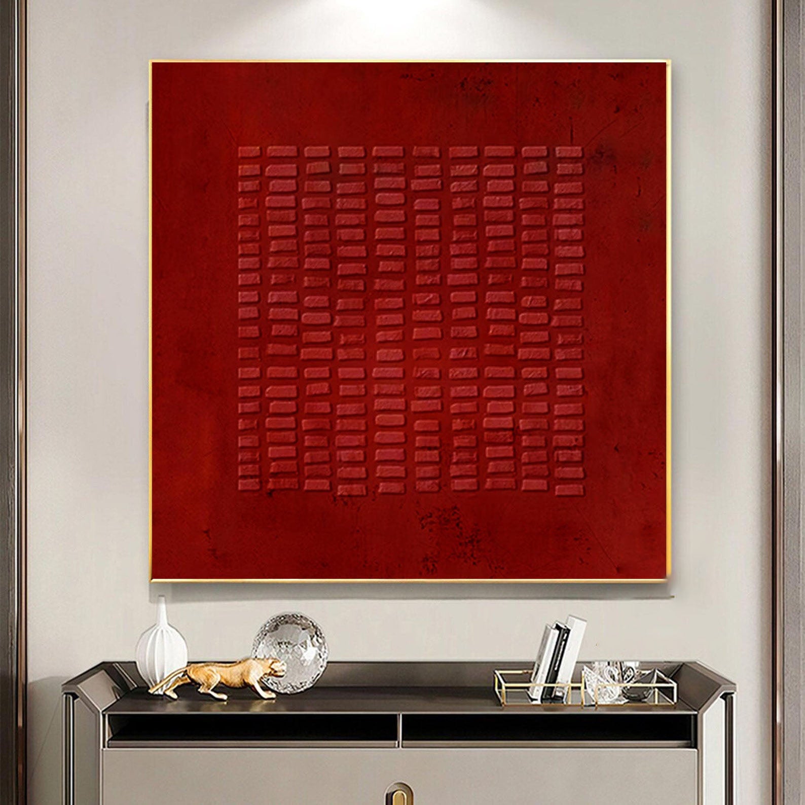Crimson Grid: Red Textured Abstract, Bold Contemporary Art #MM482