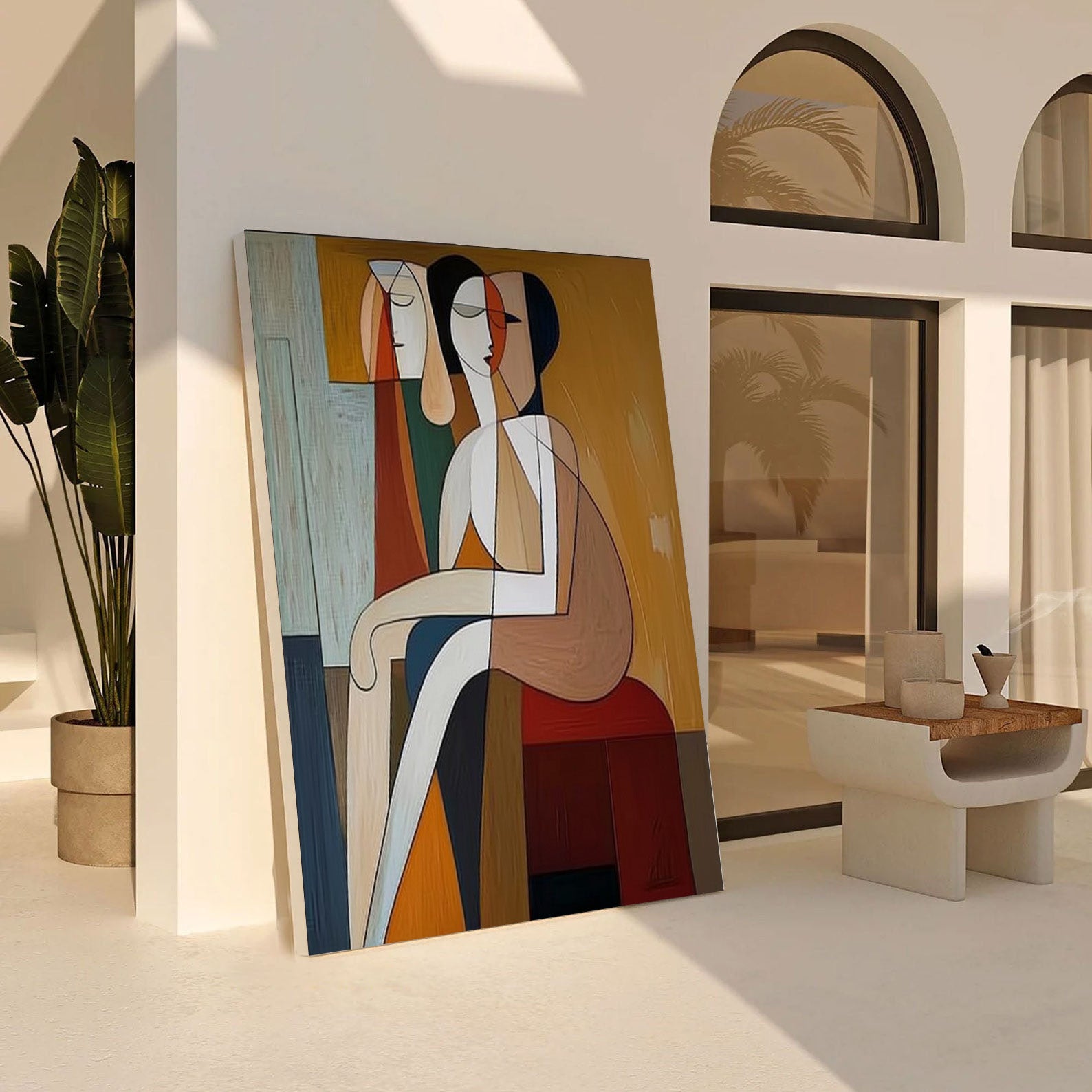 Geometric Encounter: Modern Stylized Figures, Warm Abstract Art #MM540