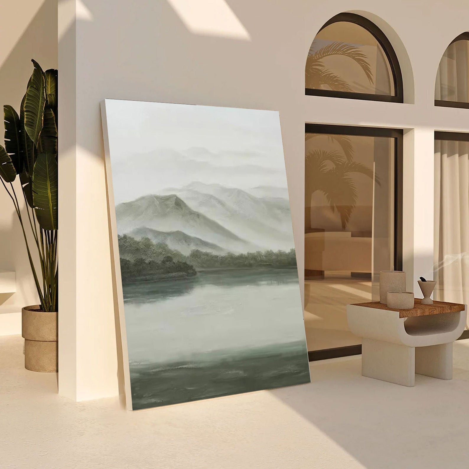 Whispers of Green: Tranquil Landscape with Mist, Peaceful Art #MM535