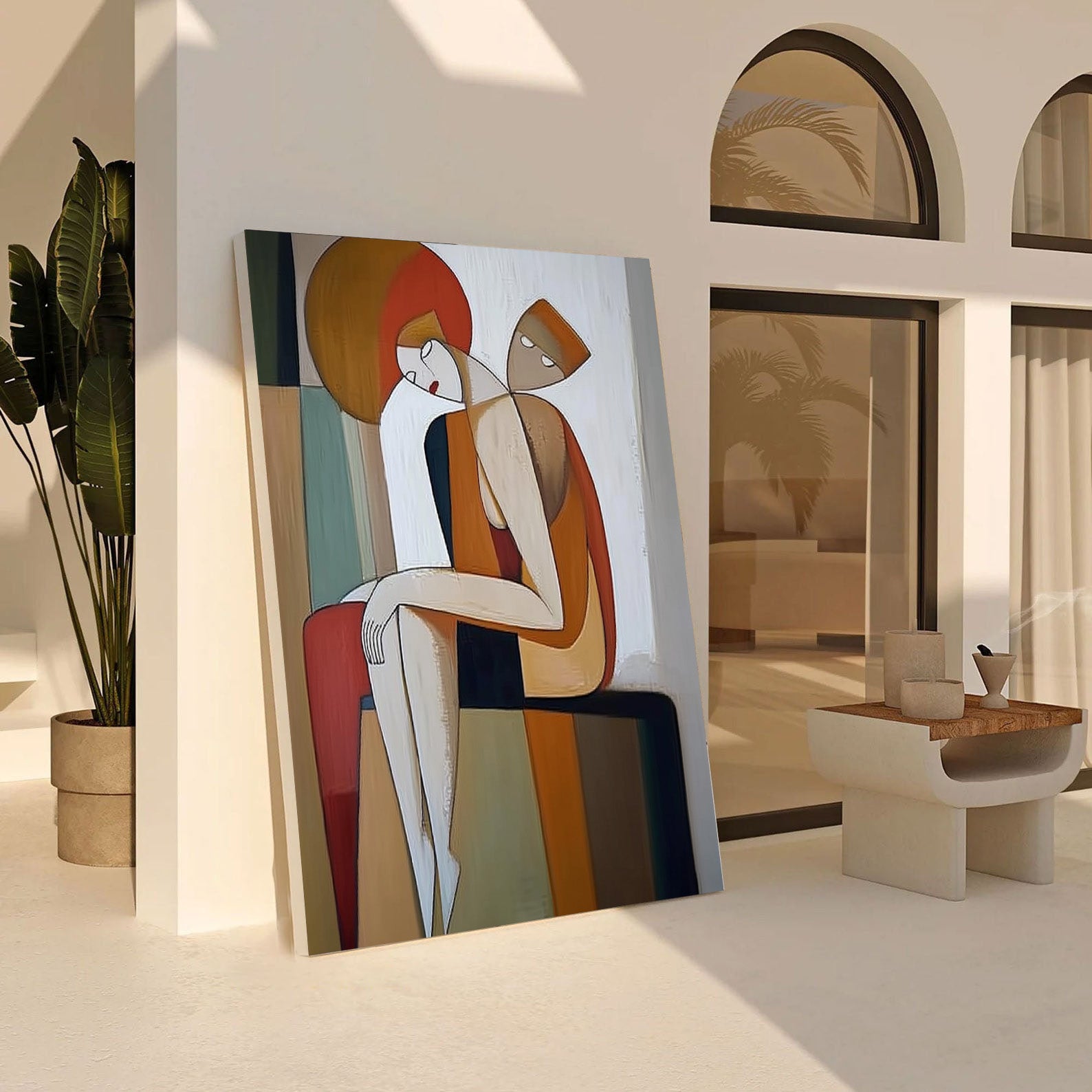 Geometric Embrace: Modern Stylized Figures, Warm Abstract Art #MM538