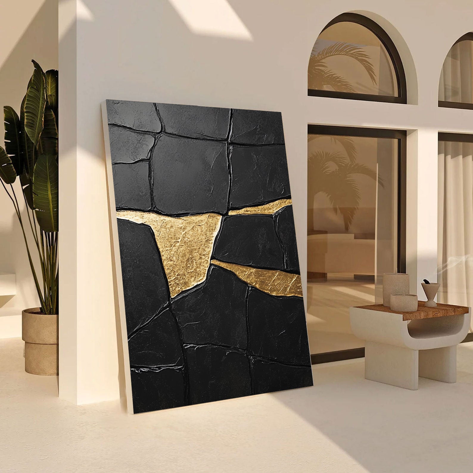 Noir Fragment: Heavily Textured Black Canvas with Gold Accents #MM548