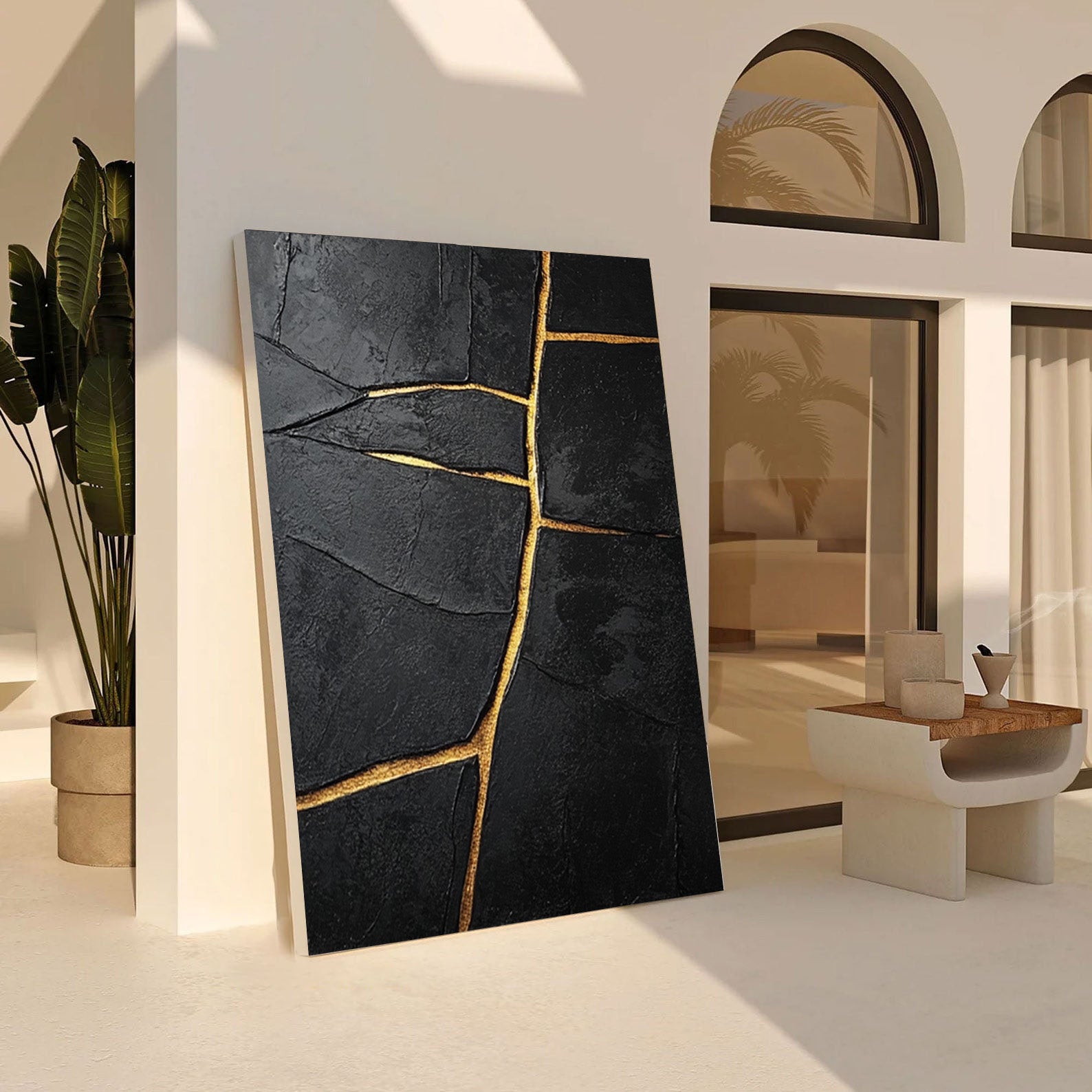 Gilded Divide:Textured Black Abstract with Linear Gold Inlays #MM550