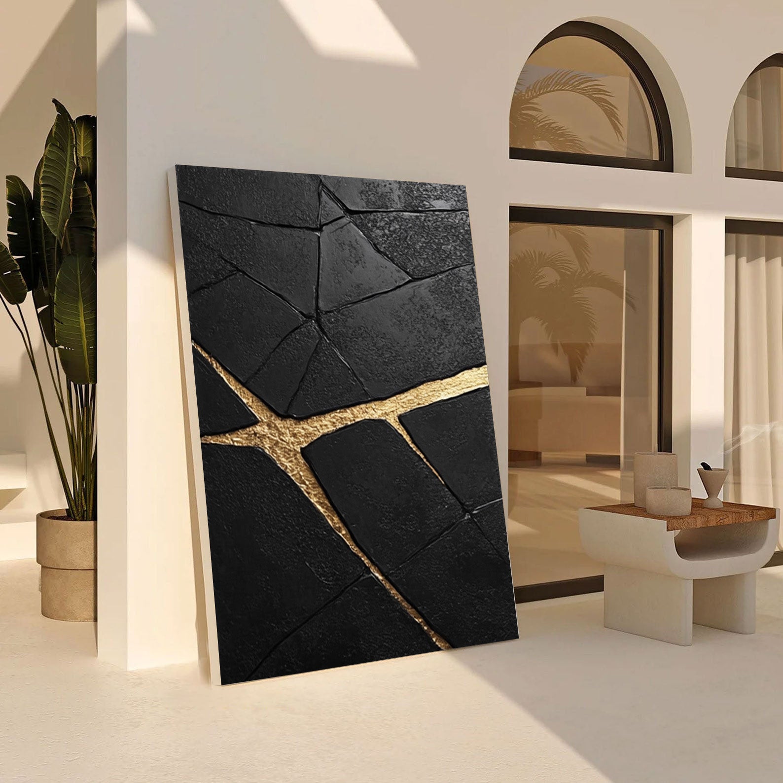 Gilded Cleft: Textured Black Abstract with Bold Gold Fissures #MM545