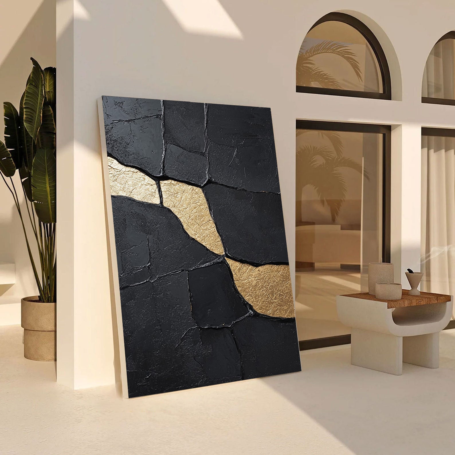Gilded Flow:Textured Black Abstract with Organic Gold Inlays #MM551