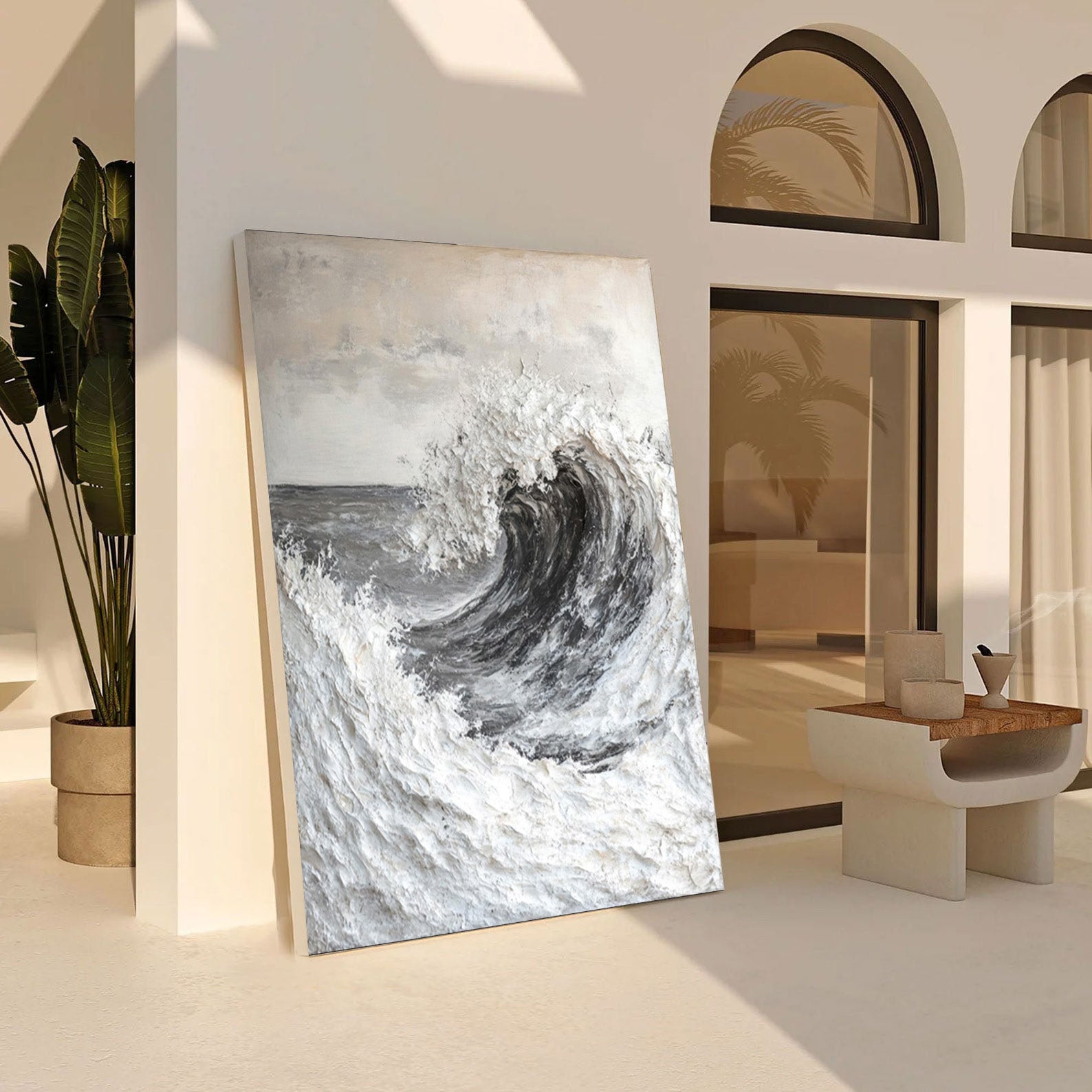 Modern Seascape Painting with Tactile Wave in Grays and Whites #MM565