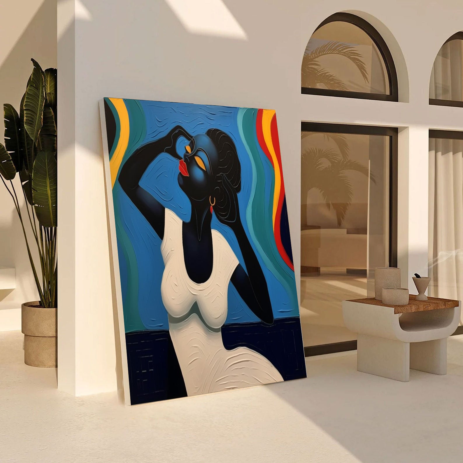 Stylized Figure Against Textured Color Swirls, Elegant Portrait #MM536