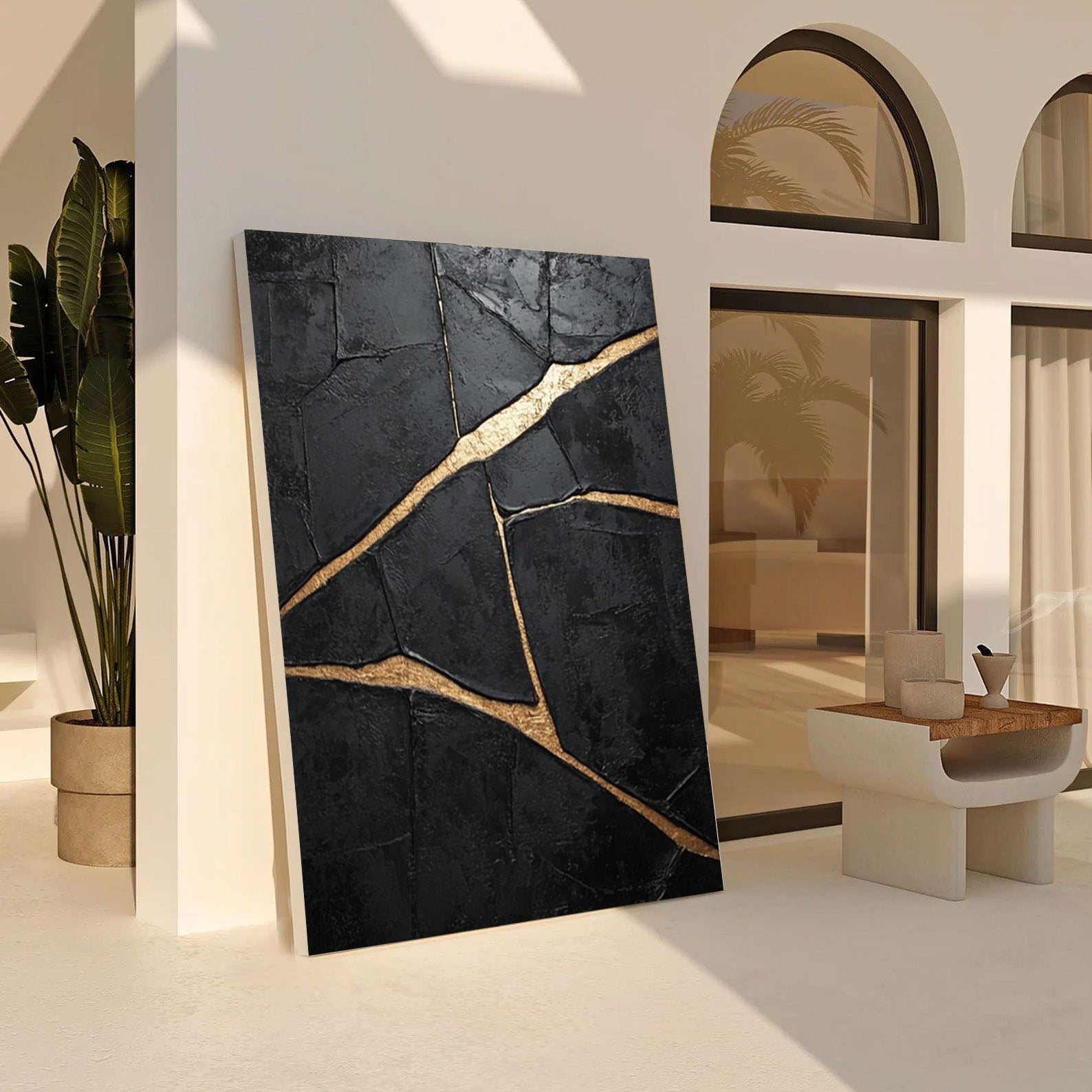 Molten Night: Textured Black Canvas with Flowing Bold Gold #MM546