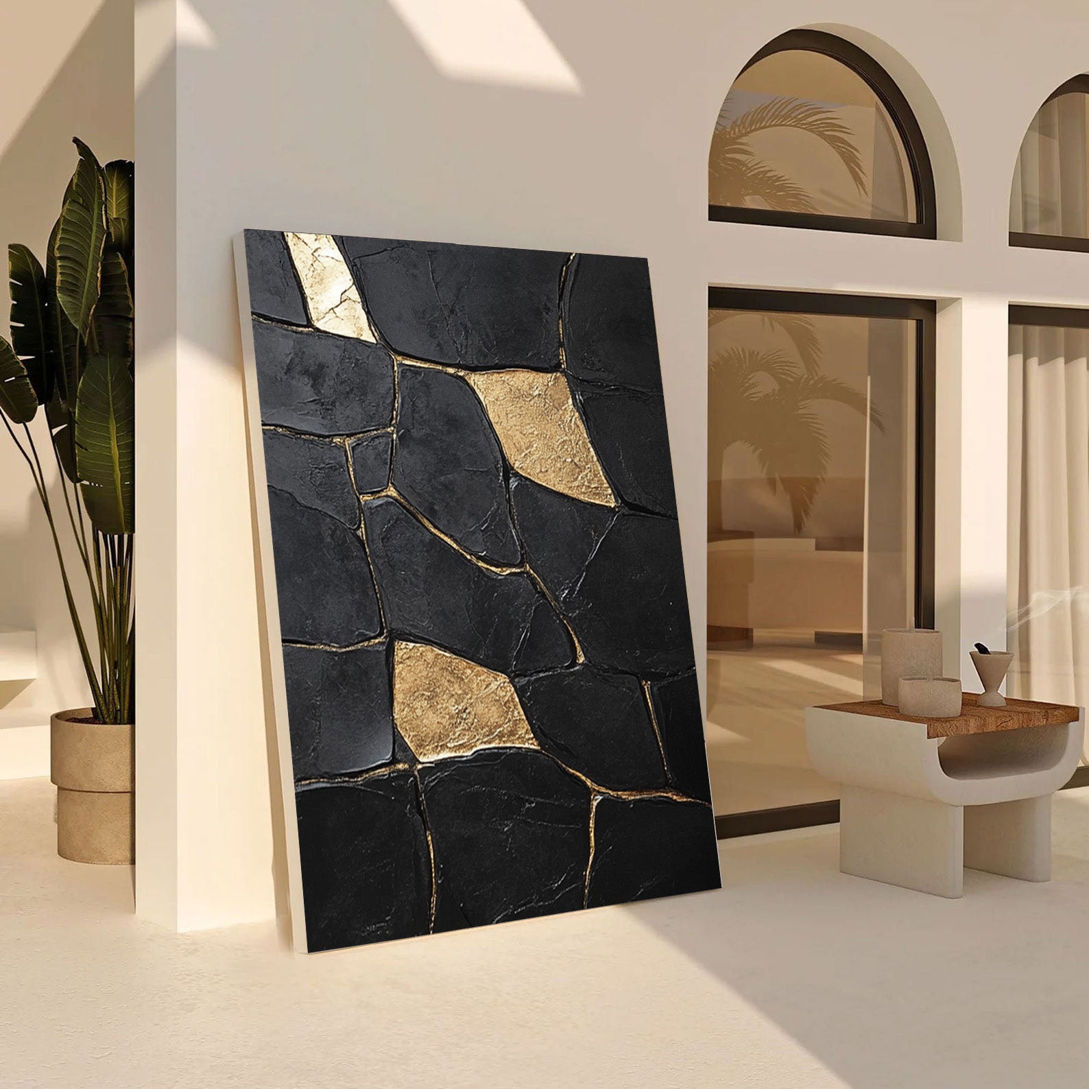 Shadow Mosaic: Large Modern Abstract with Textured Gold Shapes #MM552