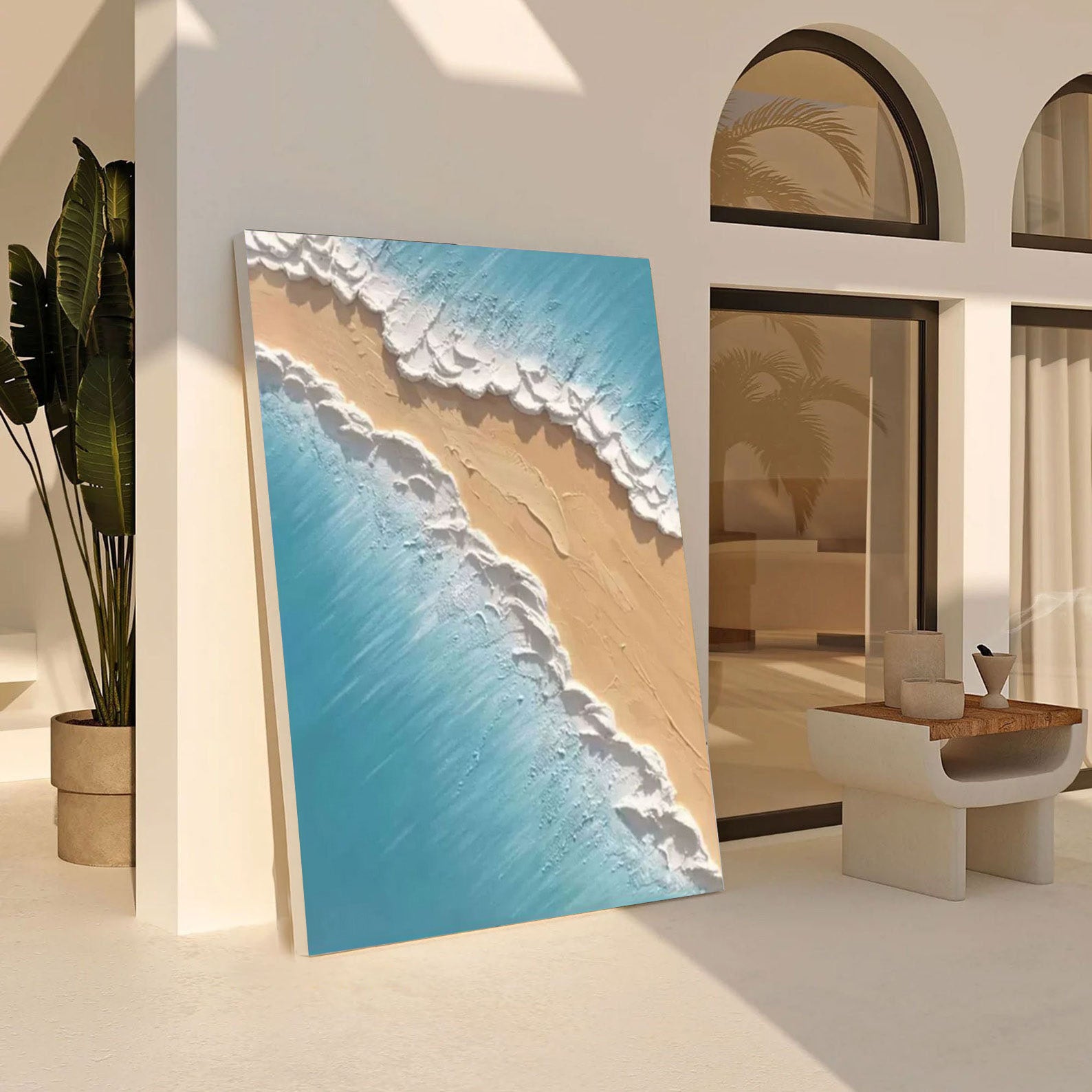 Where Azure Meets Gold: Textured Overhead Beach Wall Art #MM526