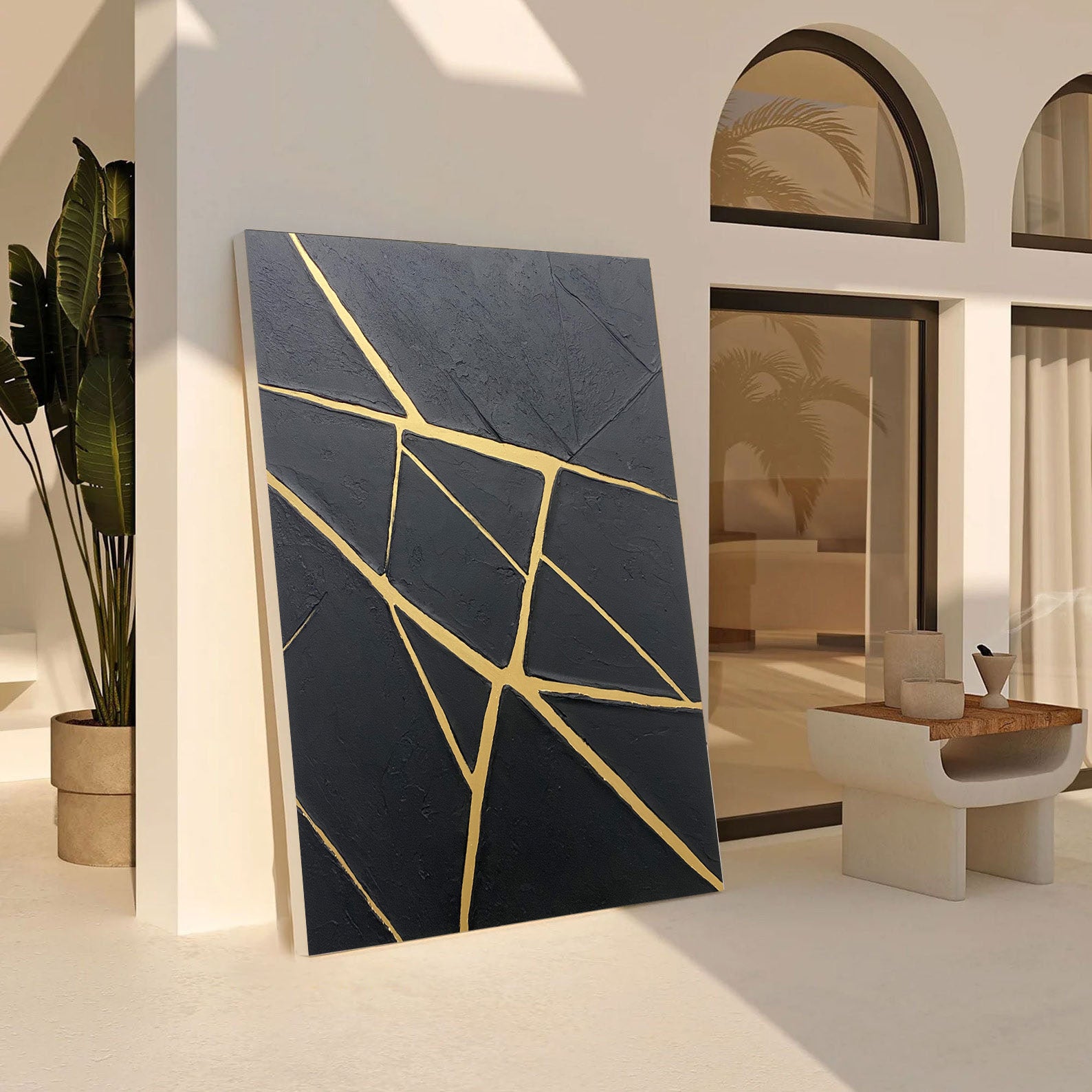 Gilded Fracture:Textured Black Abstract with Angular Gold Lines #MM559