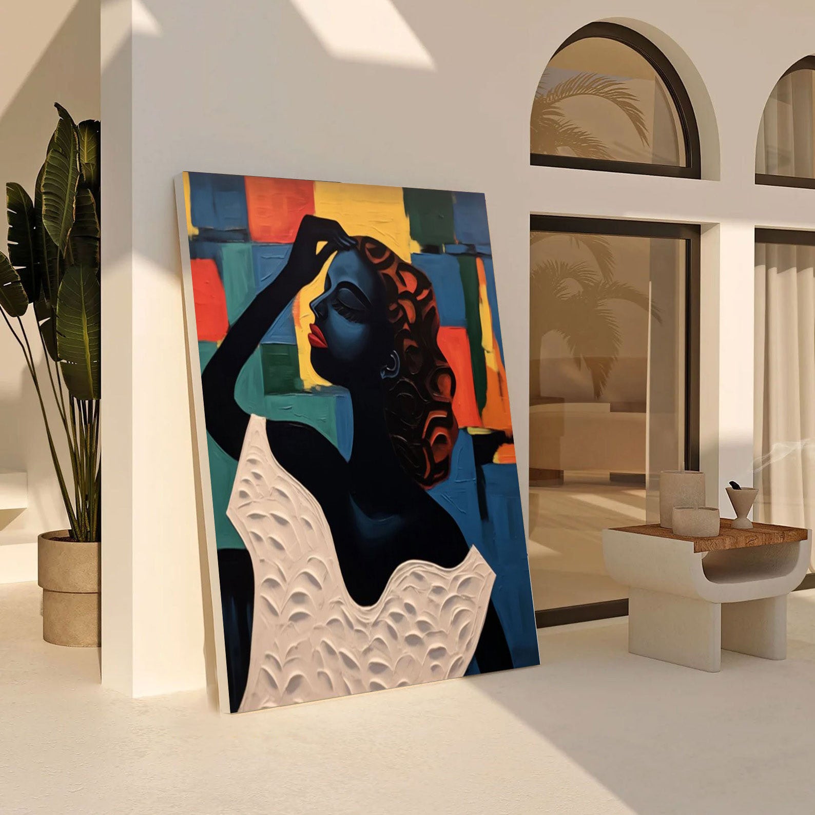 Geometric Poise: Stylized Figure Against Textured Color Shapes #MM537