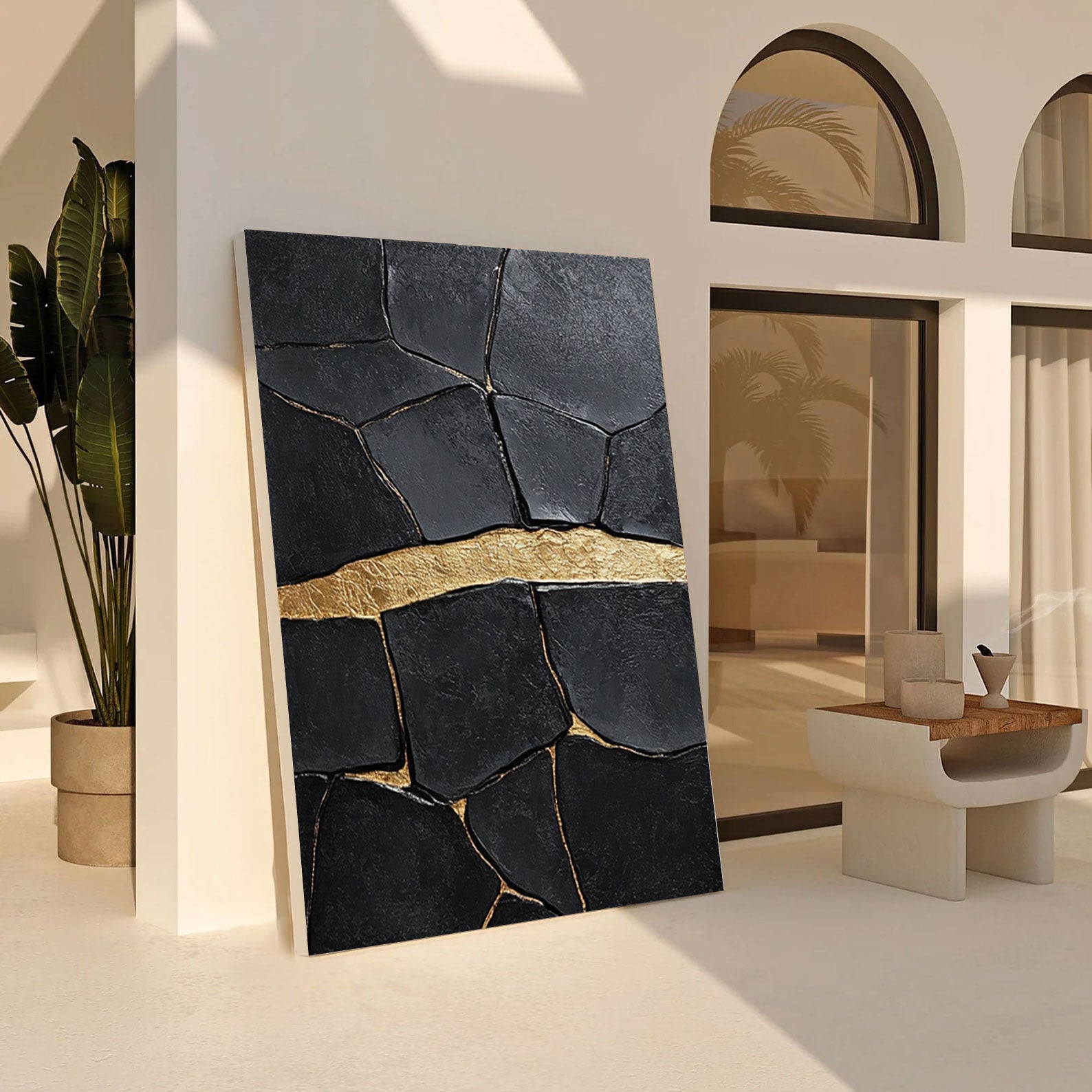 Golden Horizon:Textured Black Abstract with a Bold Gold Band #MM547