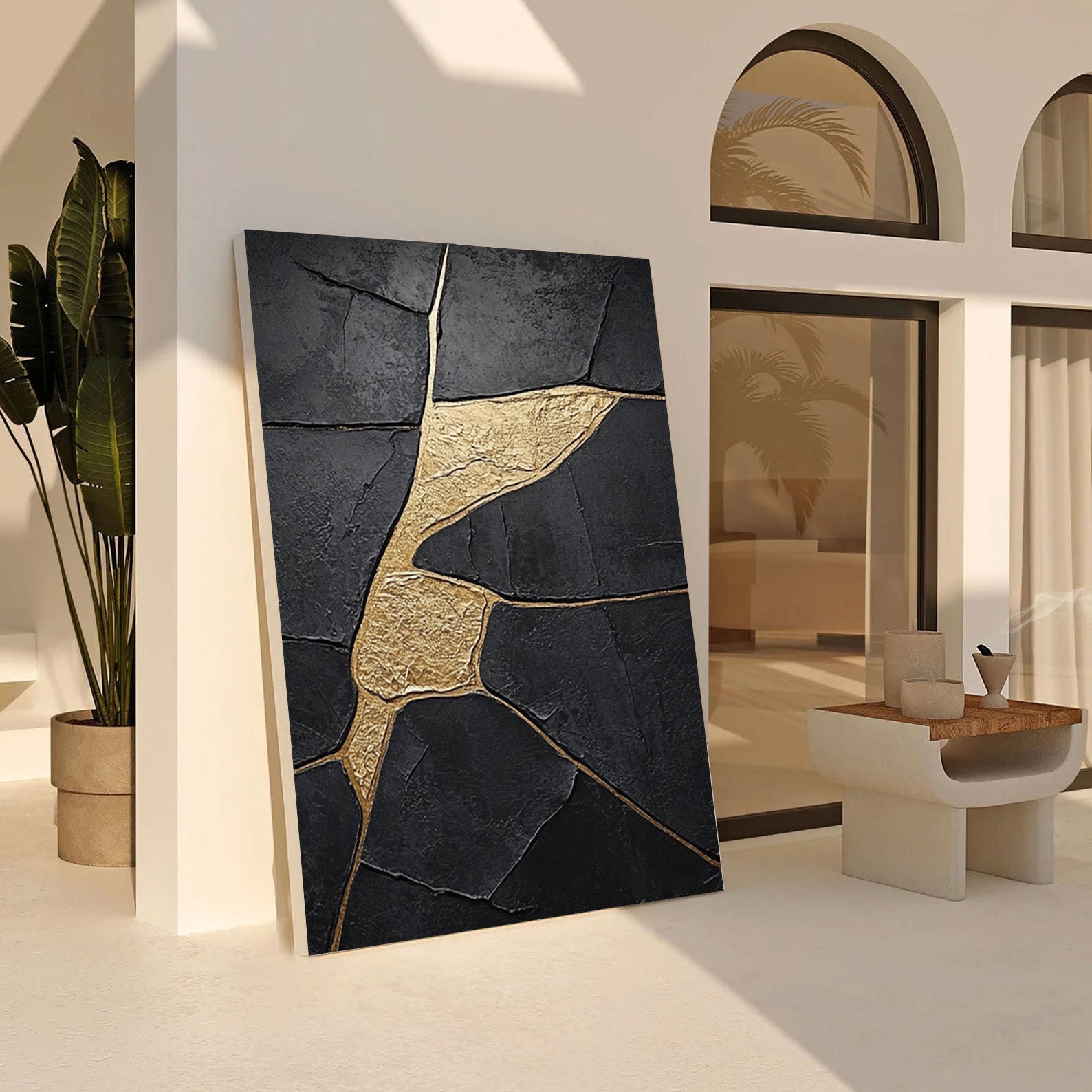 Molten Shadow:Black Impasto with Flowing Organic Gold Veins #MM554