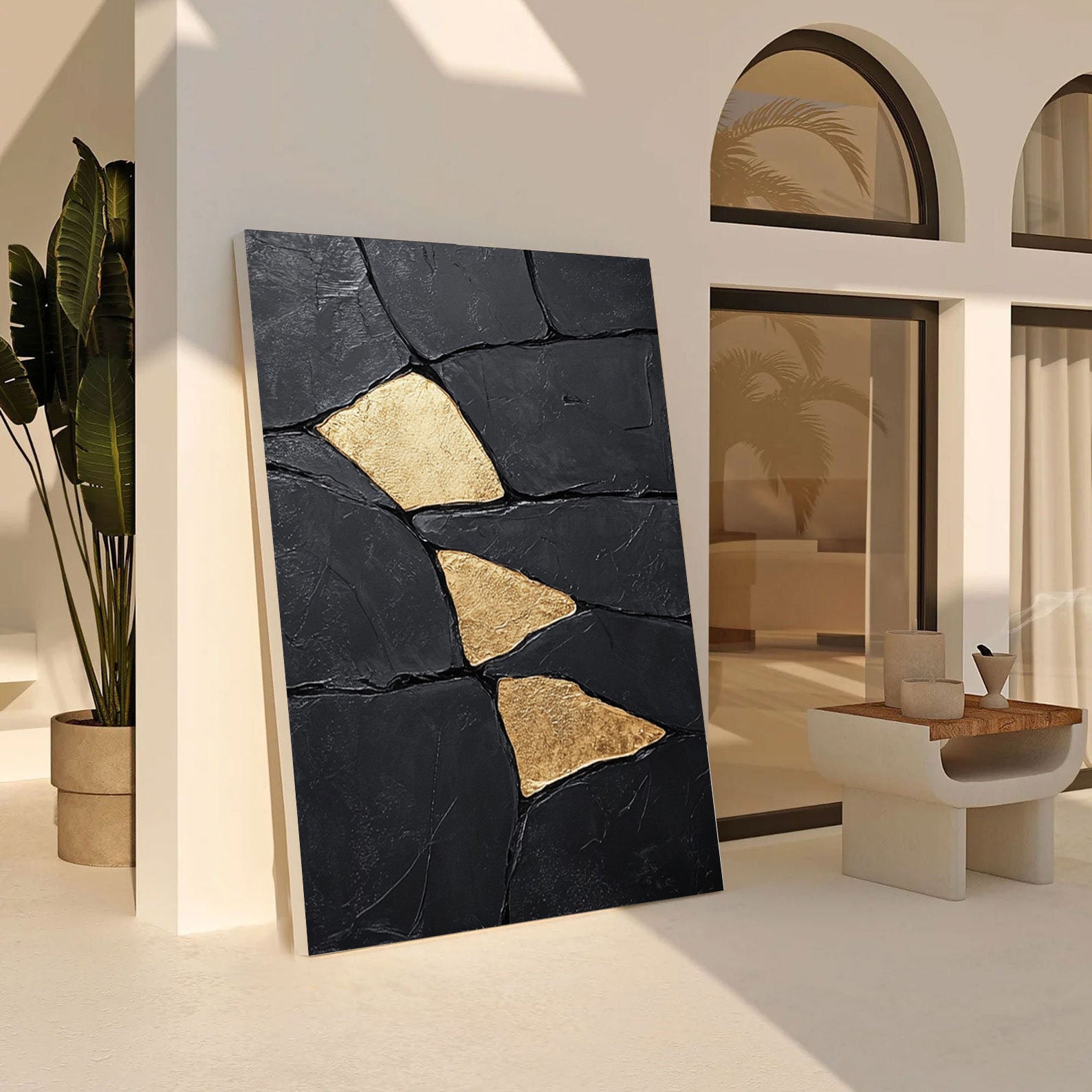 Gilded Shards: Heavily Textured Black Abstract with Gold Inlays #MM549