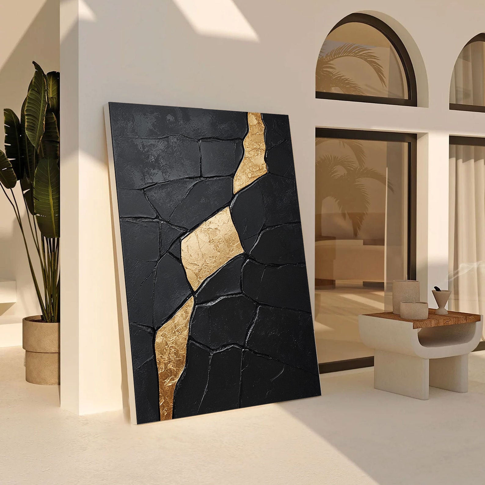 Gilded Incline: Textured Black Abstract with Diagonal Gold Vein #MM556