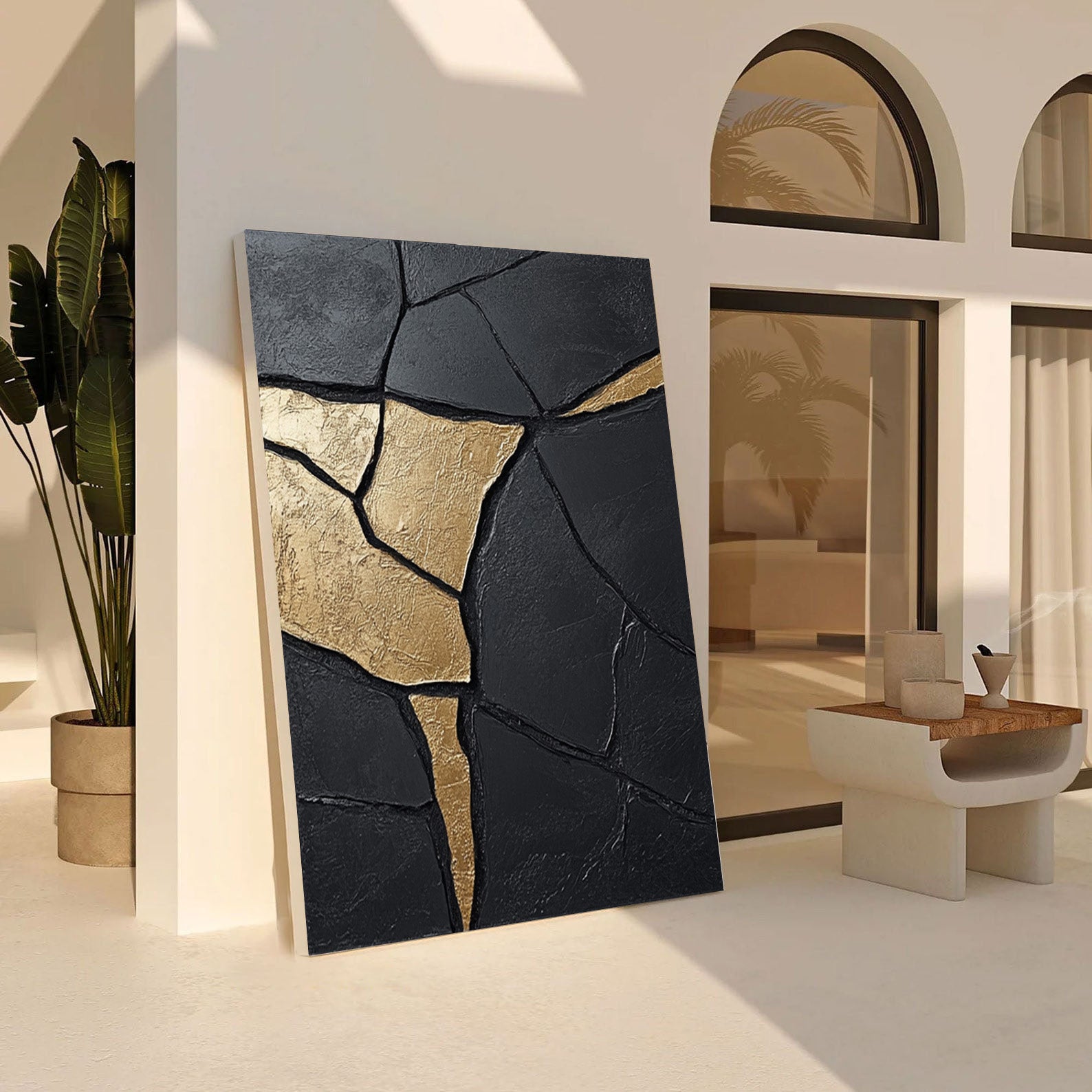 Textured Black Abstract with Organic Gold Veins for Modern Art #MM553