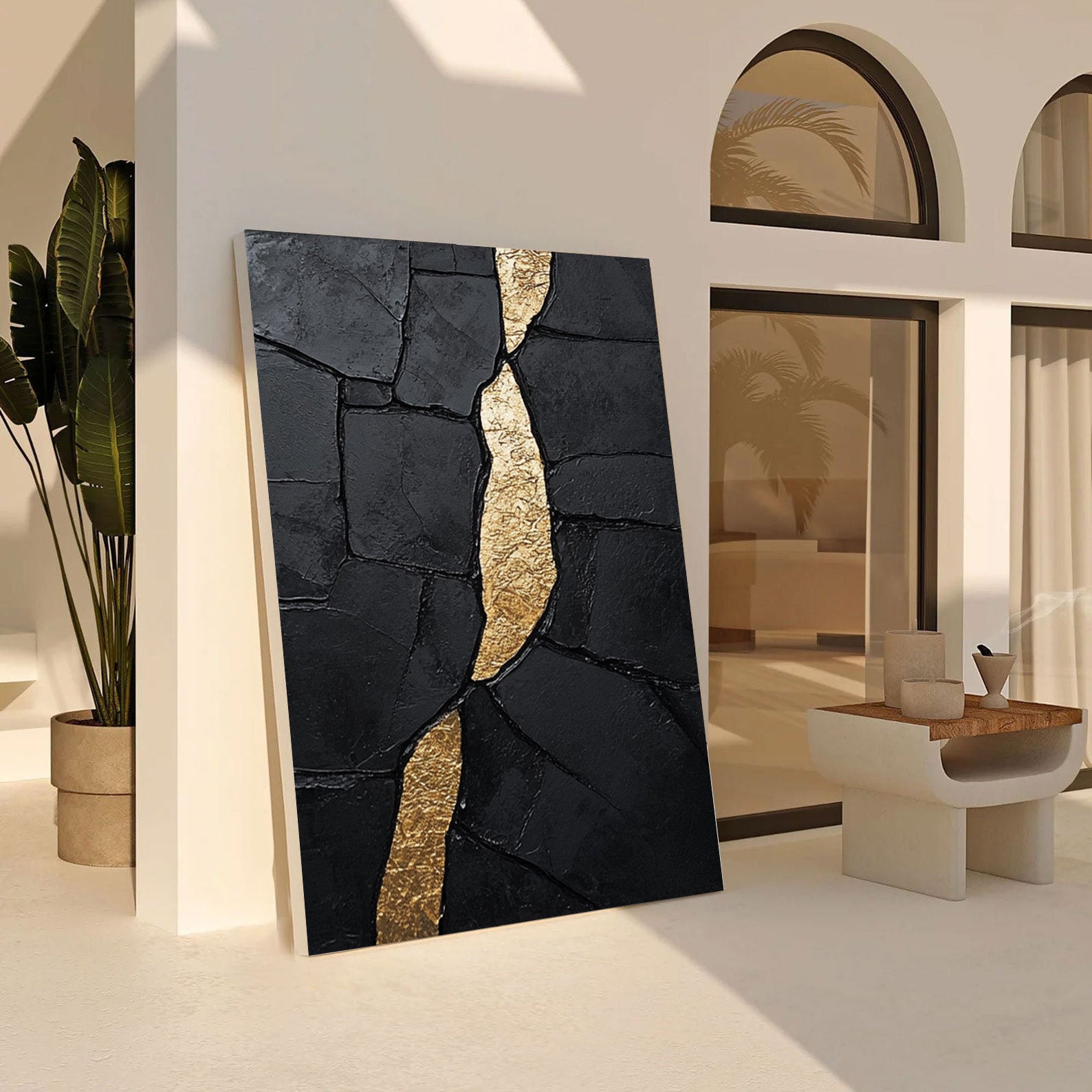 Golden Fault Line:Textured Black Abstract with Gold Cleft #MM555