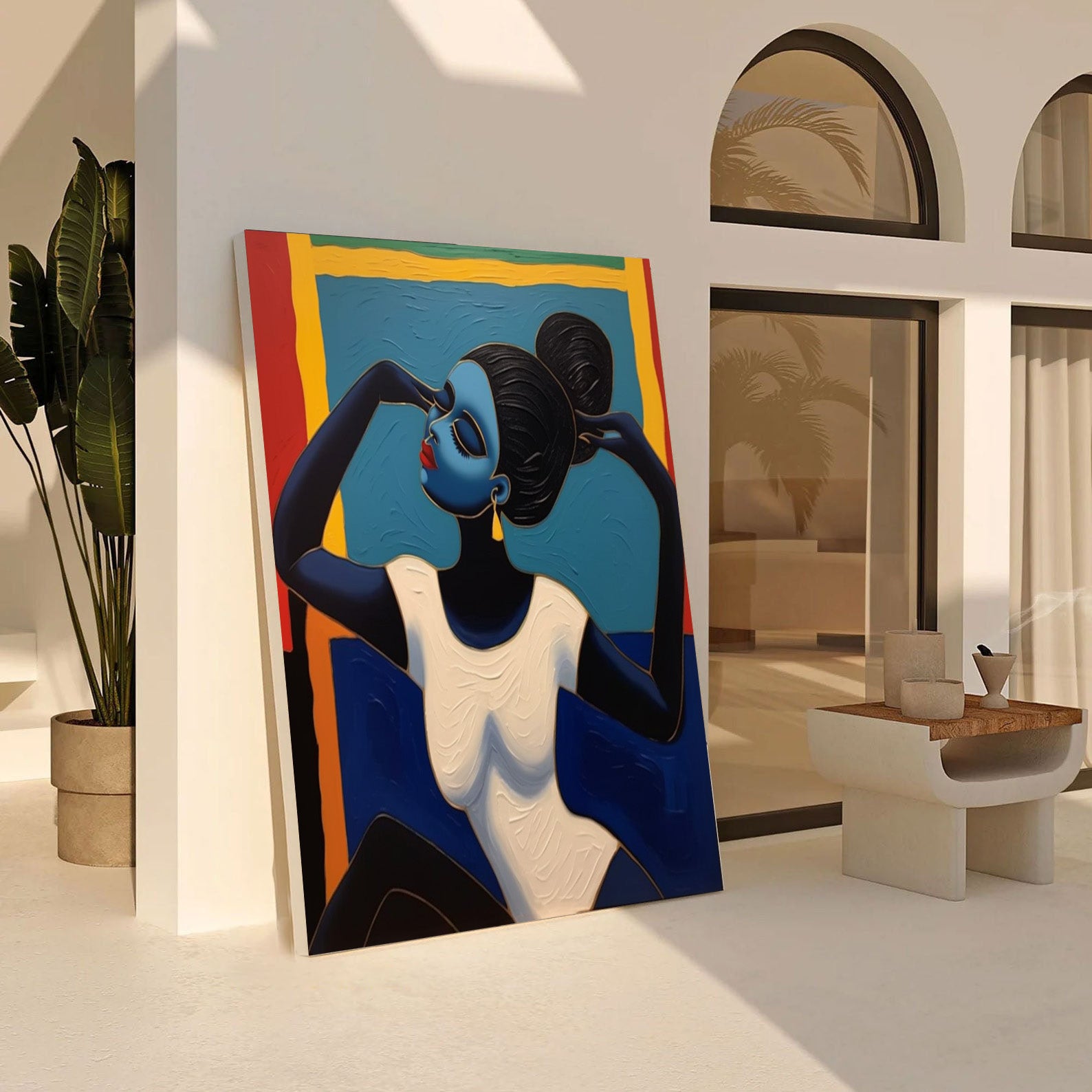 Geometric Grace: Stylized Figure Against Textured Color Shapes #MM542