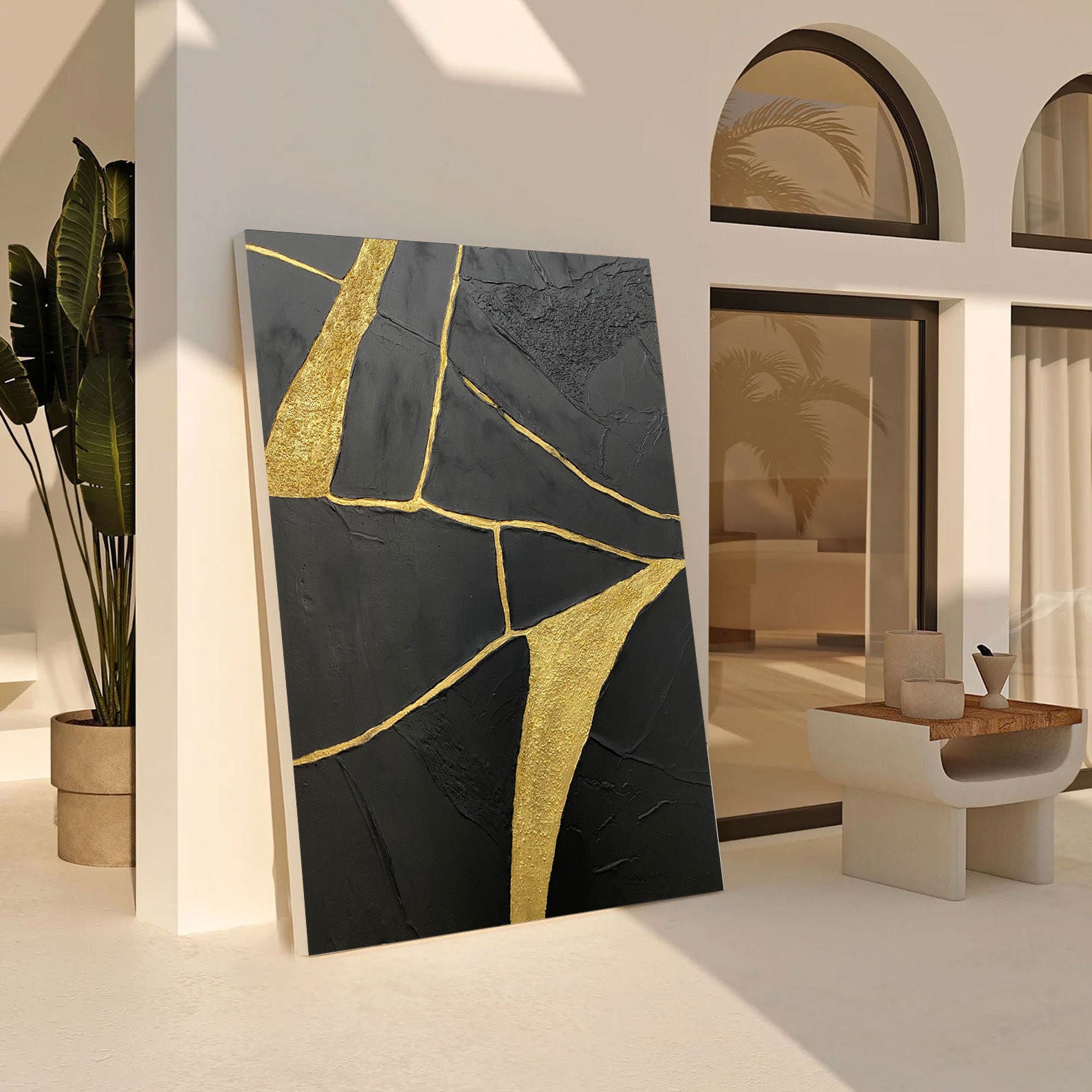 Gilded Fracture:Textured Black Abstract with Flowing Gold Lines #MM544