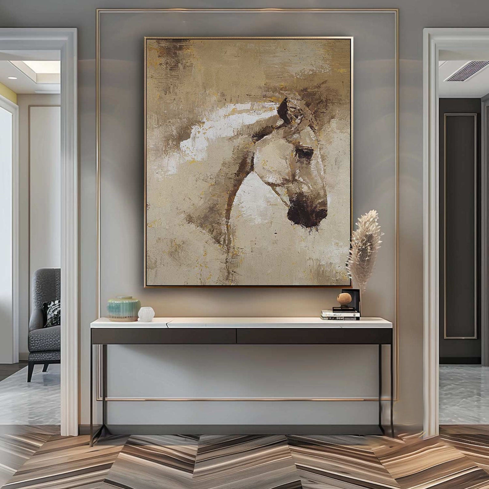 Timeless Equine: Modern Abstract Horse, Neutral Textured Art #MM478