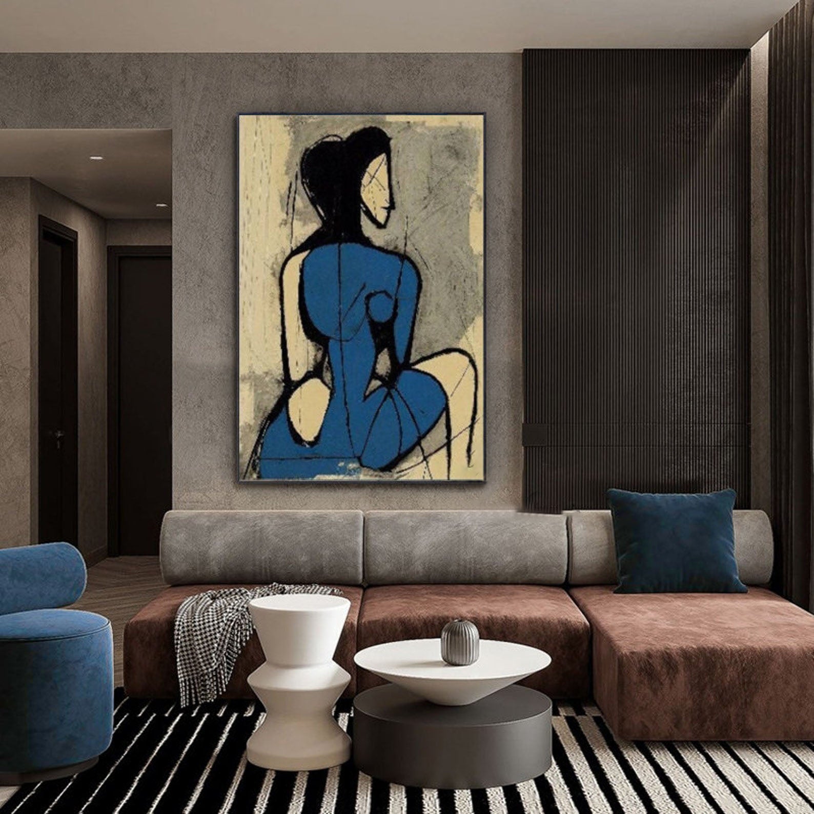 Minimalist Blue Nude Painting - Large Abstract Female Wall Art#MM488